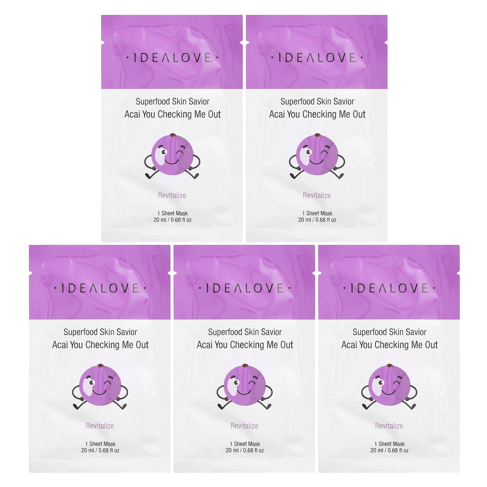 Idealove, Superfood Skin Savior, Acai You Checking Me Out, 5 Beauty Sheet Masks, 0.68 fl oz (20 ml) Each