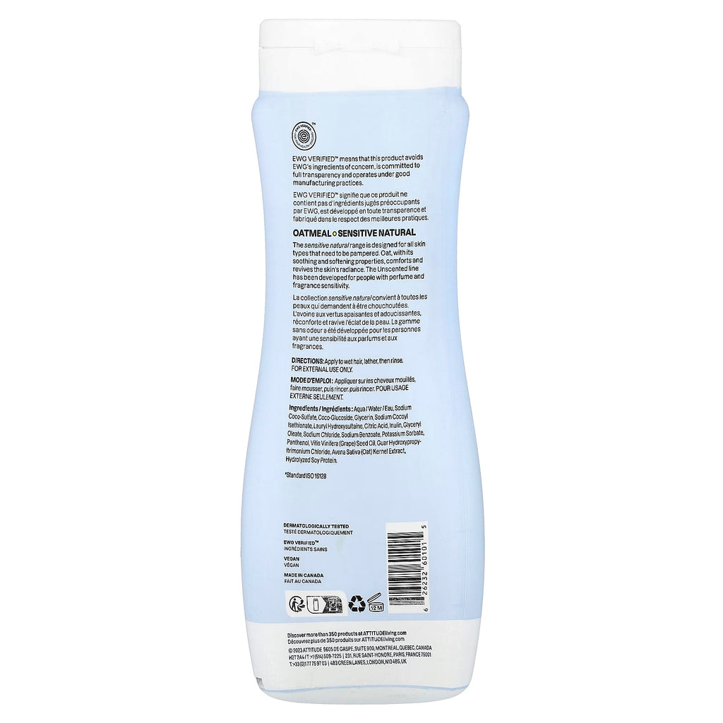 ATTITUDE, Oatmeal Sensitive Natural, Volume & Shine Shampoo, Unscented, 16 fl oz (473 ml)