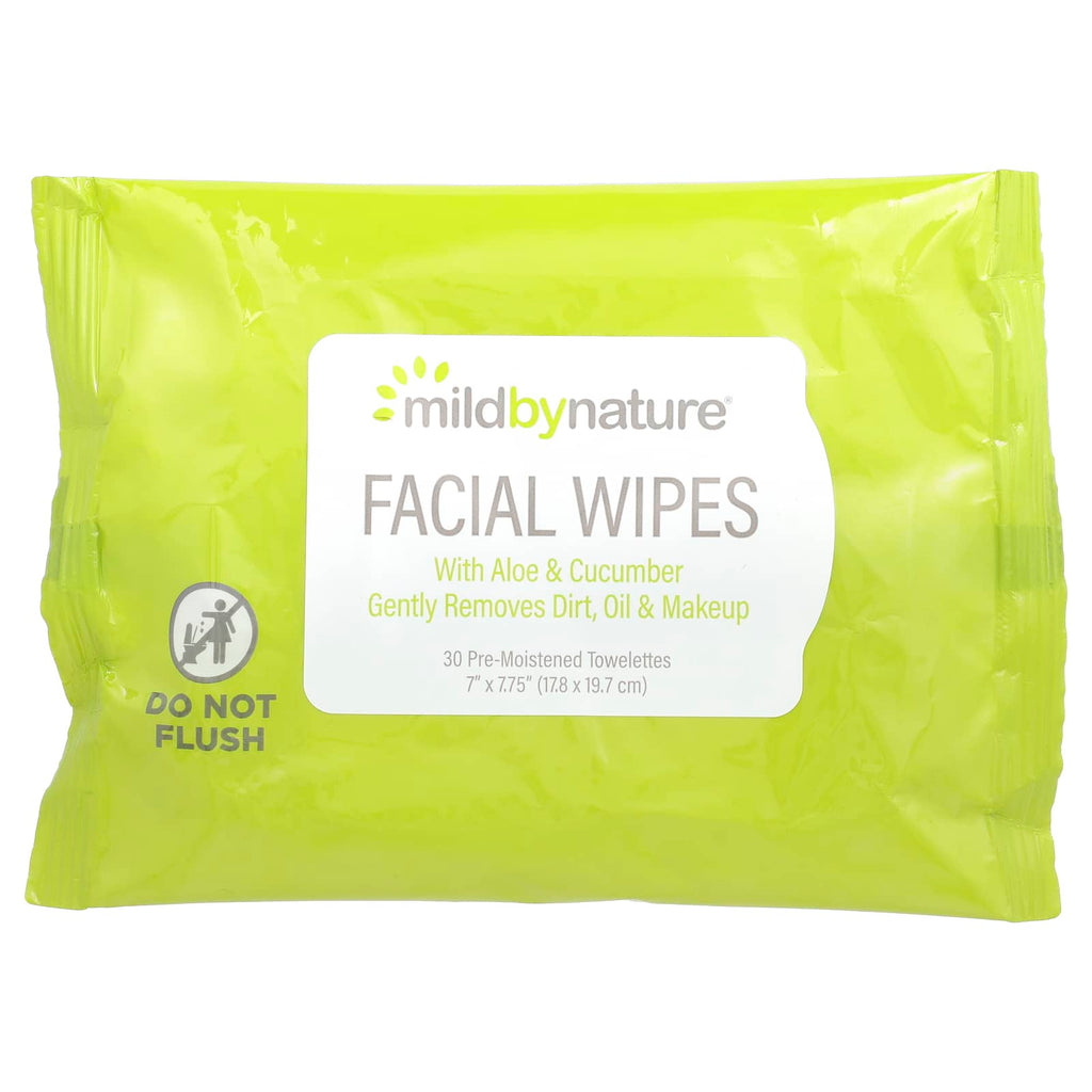 Mild By Nature, Aloe & Cucumber Facial Wipes, Biodegradable, 30 Pre-Moistened Towelettes