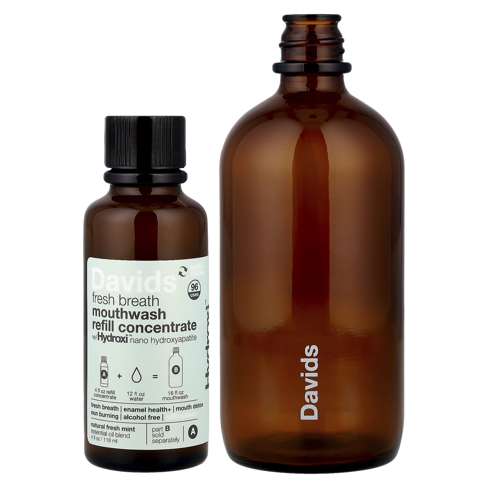 Davids, Fresh Breath Mouthwash Refill Kit, Alcohol Free, Natural Fresh Mint, 2 Piece Kit