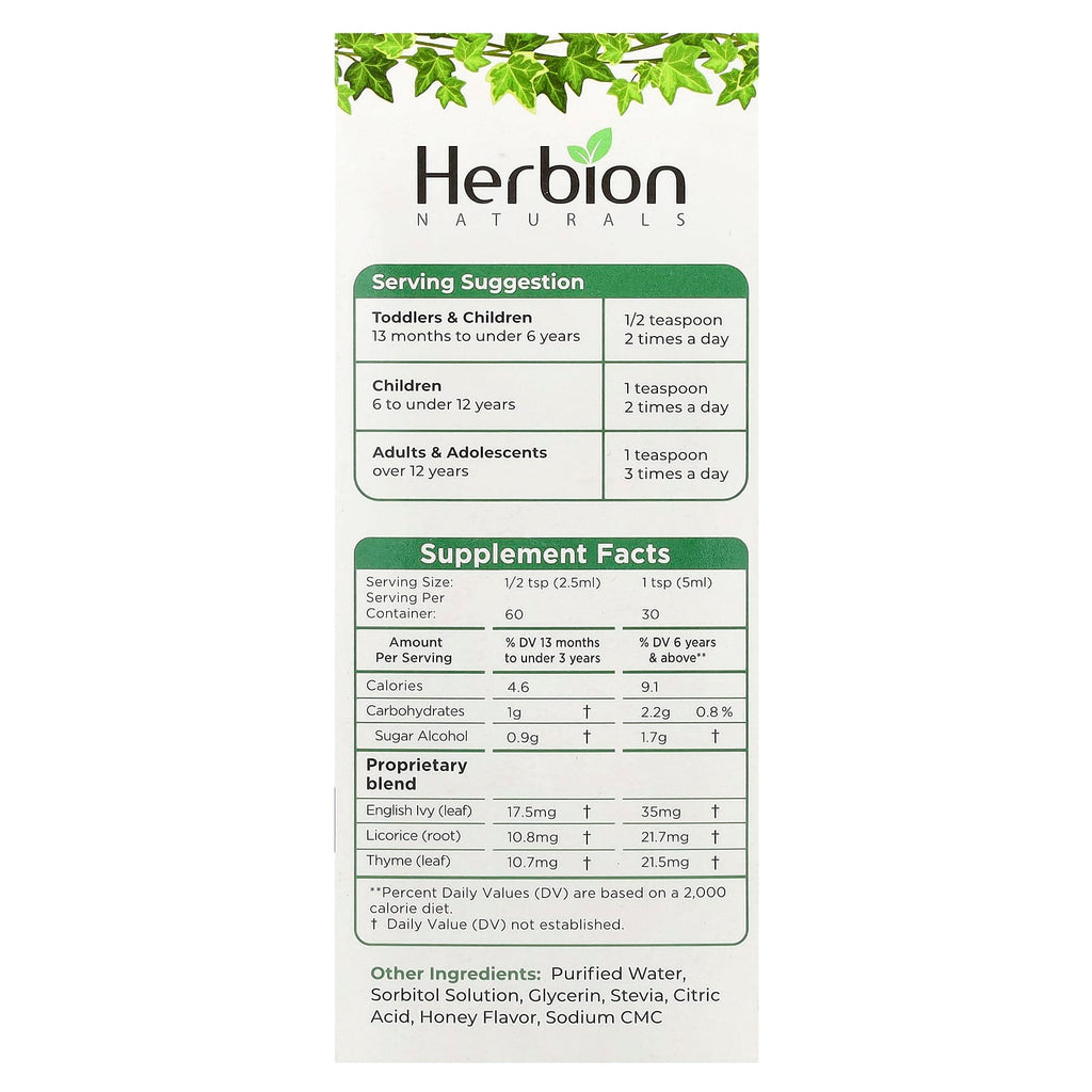Herbion Naturals, Naturals, Ivy Leaf Cough Syrup With Thyme & Licorice, Sugar Free, 5 fl oz (150 ml)