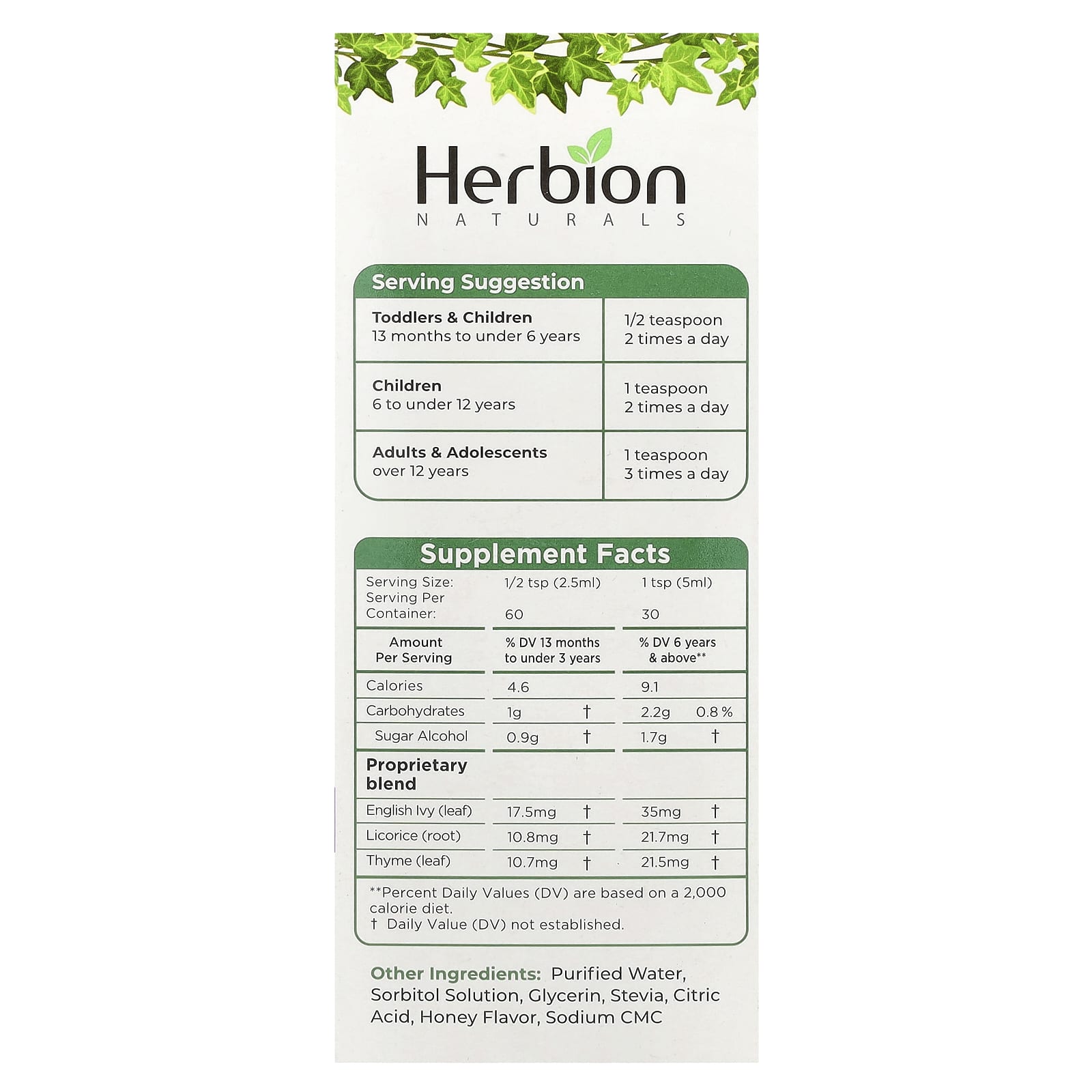 Herbion Naturals, Naturals, Ivy Leaf Cough Syrup With Thyme & Licorice, Sugar Free, 5 fl oz (150 ml)