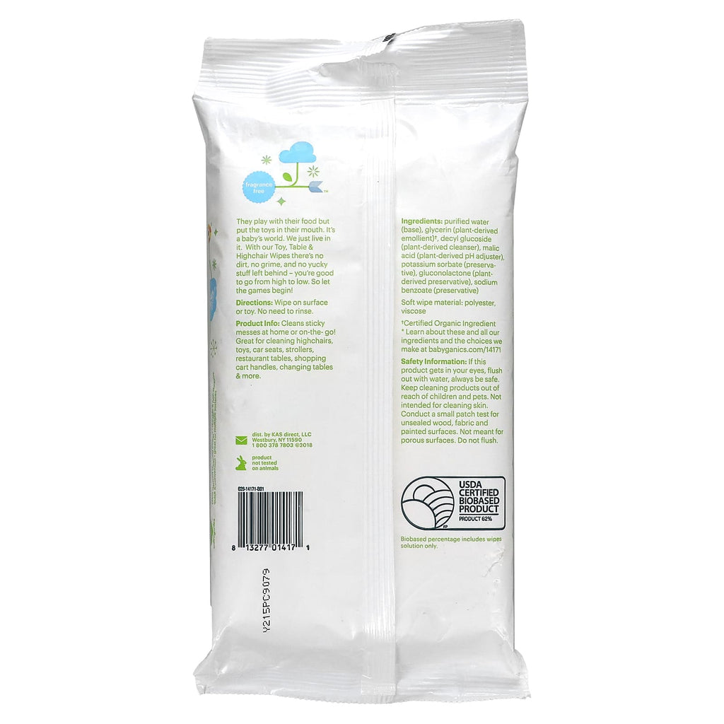 Babyganics, Toy, Table + Highchair Wipes, Fragrance Free, 25 Wipes