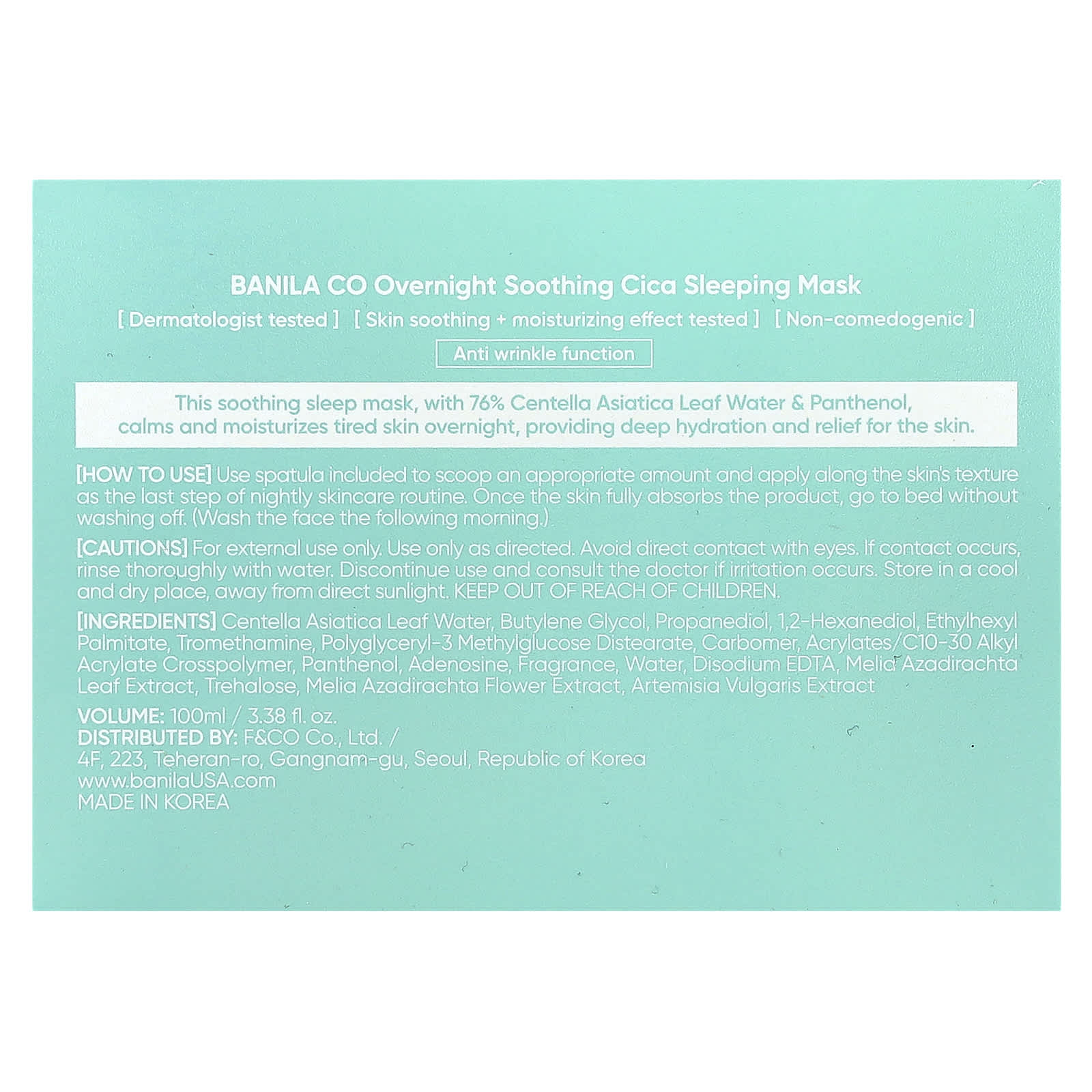 Banila Co, Overnight Soothing Cica Sleeping Beauty Mask, 3.38 fl oz (100 ml)