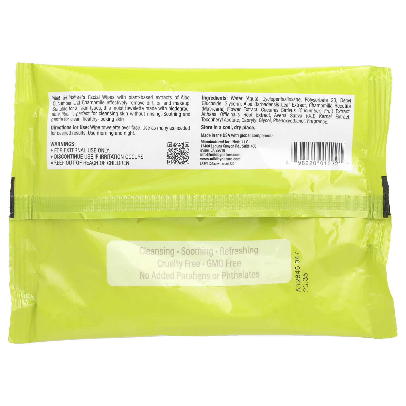 Mild By Nature, Aloe & Cucumber Facial Wipes, Biodegradable, 30 Pre-Moistened Towelettes