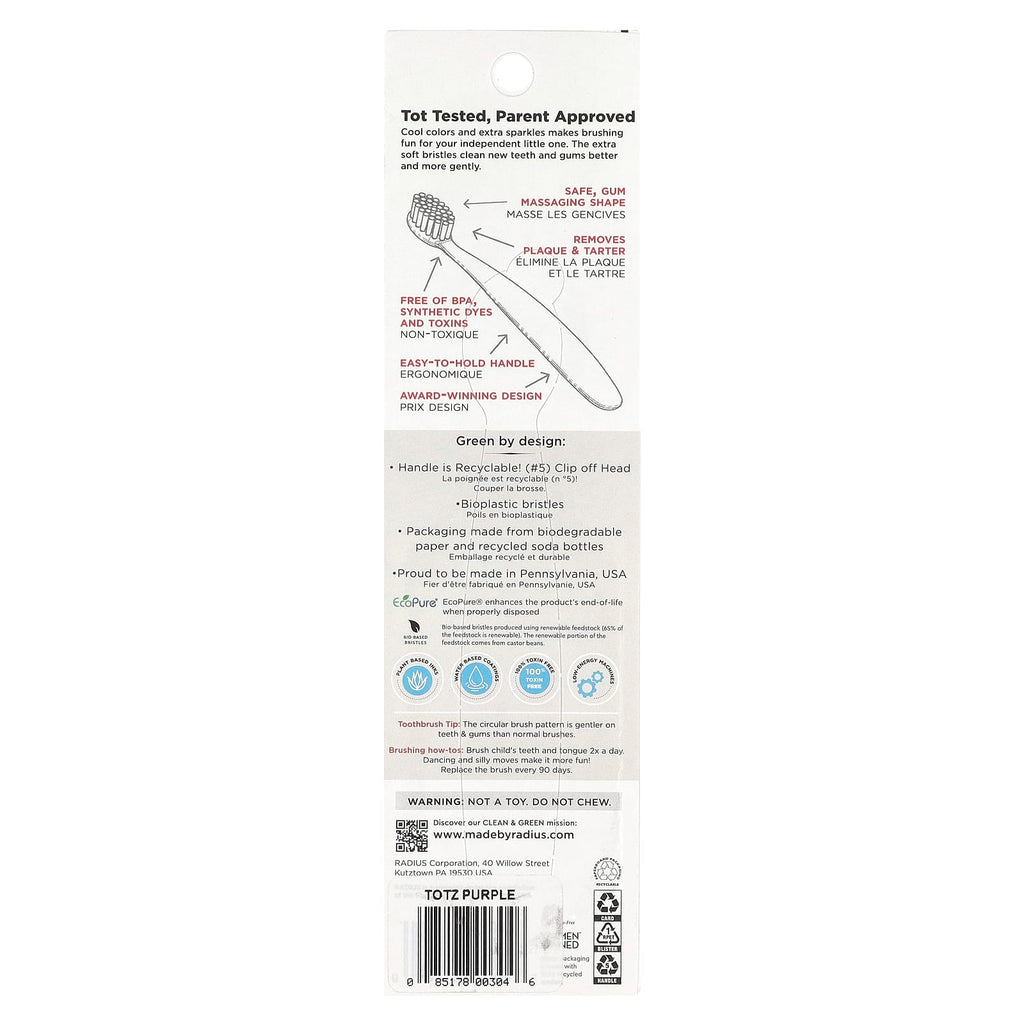 RADIUS, Totz® Toothbrush, 18+ Months, Extra Soft, Purple Sparkle, 1 Toothbrush