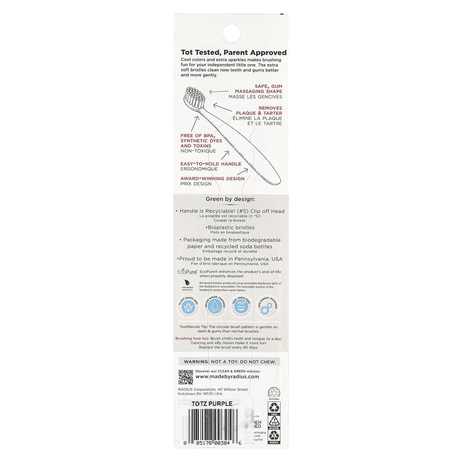 RADIUS, Totz® Toothbrush, 18+ Months, Extra Soft, Purple Sparkle, 1 Toothbrush
