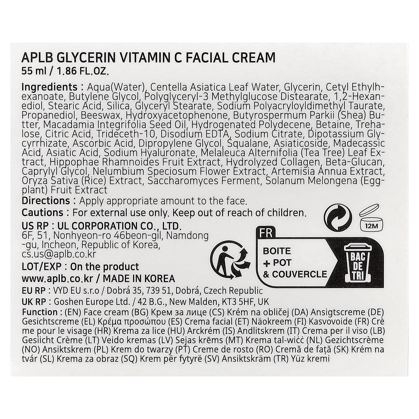 APLB, Glycerin Vitamin C Facial Cream , 1.86 fl oz (55 ml)