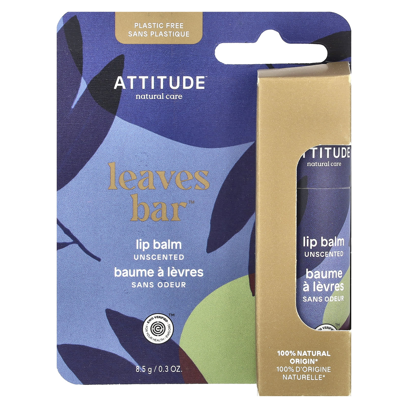 ATTITUDE, Leaves Bar™, Lip Balm, Unscented, 0.3 oz (8.5 g)