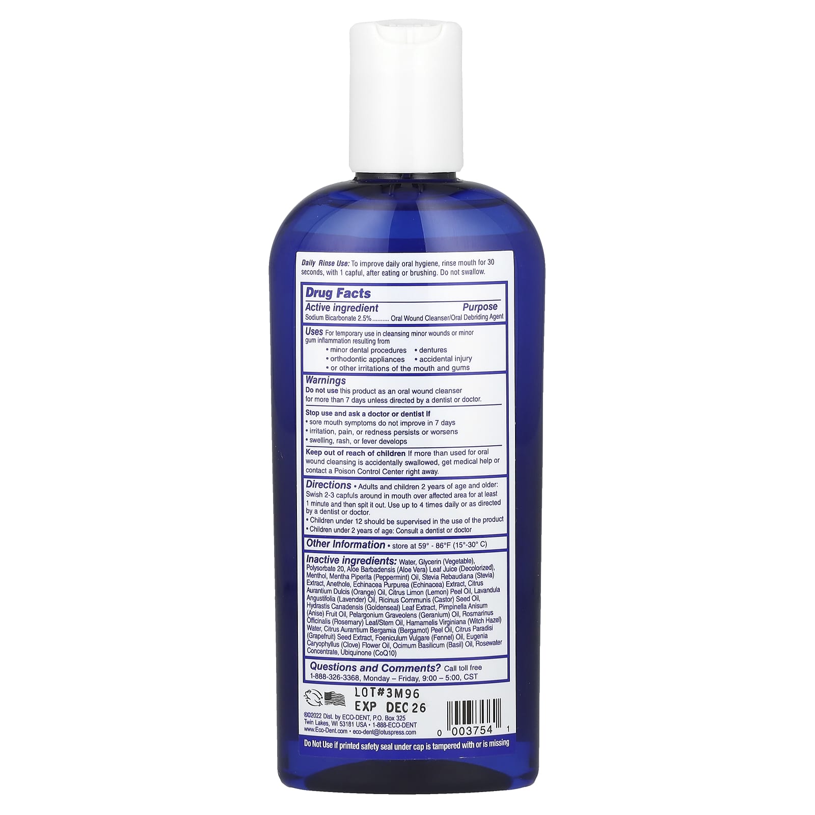 Eco-Dent, Ultimate Essential MouthCare®, DailyRinse™ & Oral Wound Cleanser/Debriding Agent, Alcohol Free, Sparkling Clean Mint, 8 fl oz (237 ml)