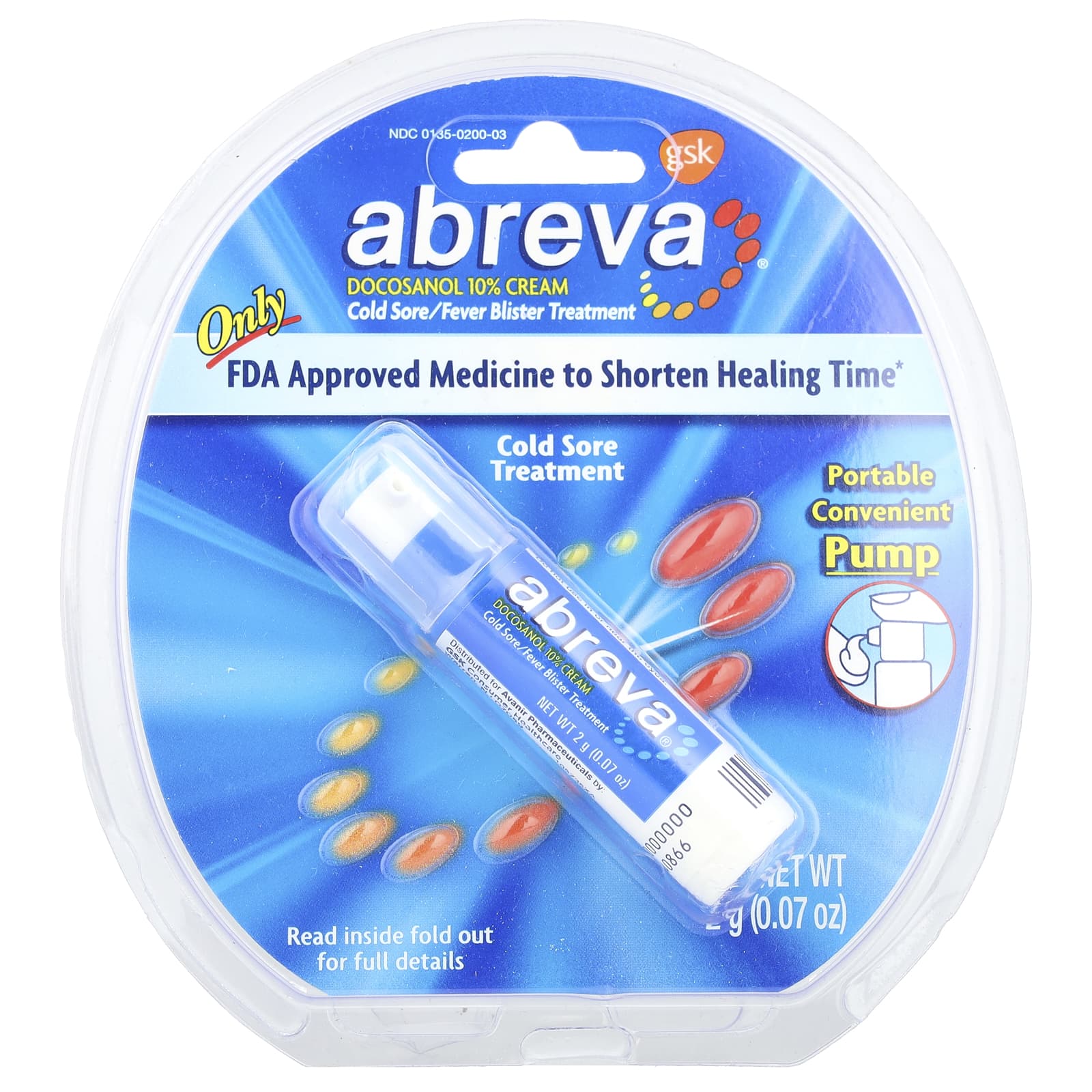 Abreva, Cold Sore/Fever Blister Treatment, Pump, 0.07 oz (2 g)