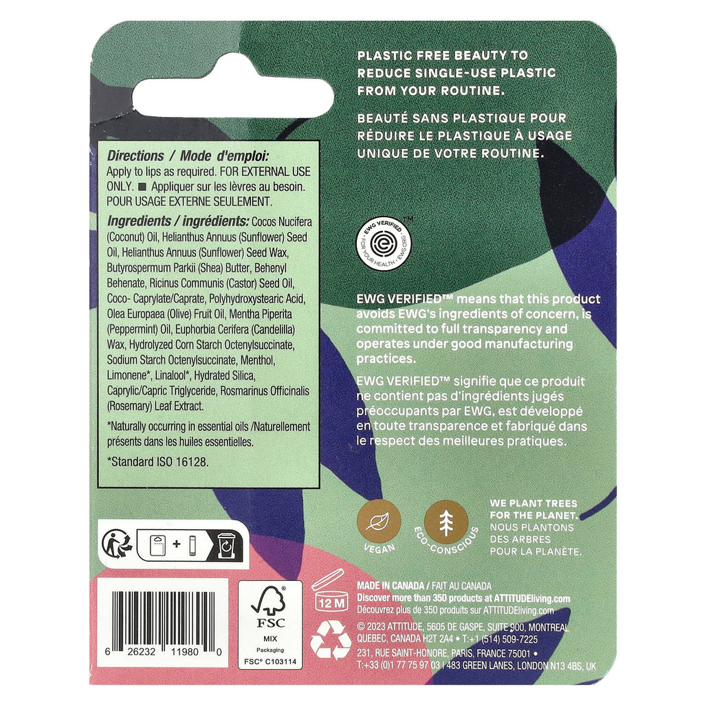 ATTITUDE, Leaves Bar™, Lip Balm, Fresh Mint, 0.3 oz (8.5 g)