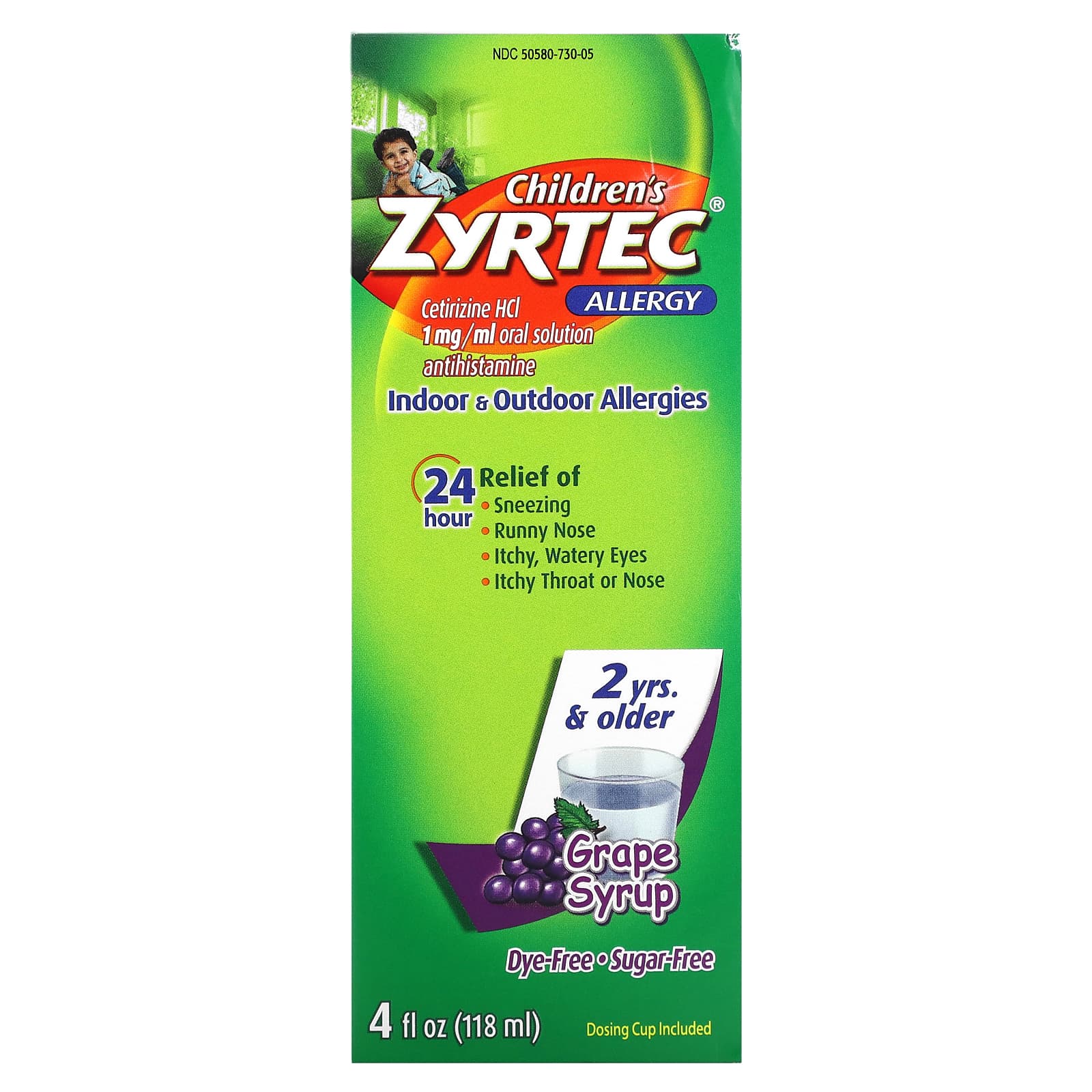 Zyrtec, Children's Allergy, Relief Syrup, 2+ Years, Grape, 5 mg, 4 fl oz (118 ml)