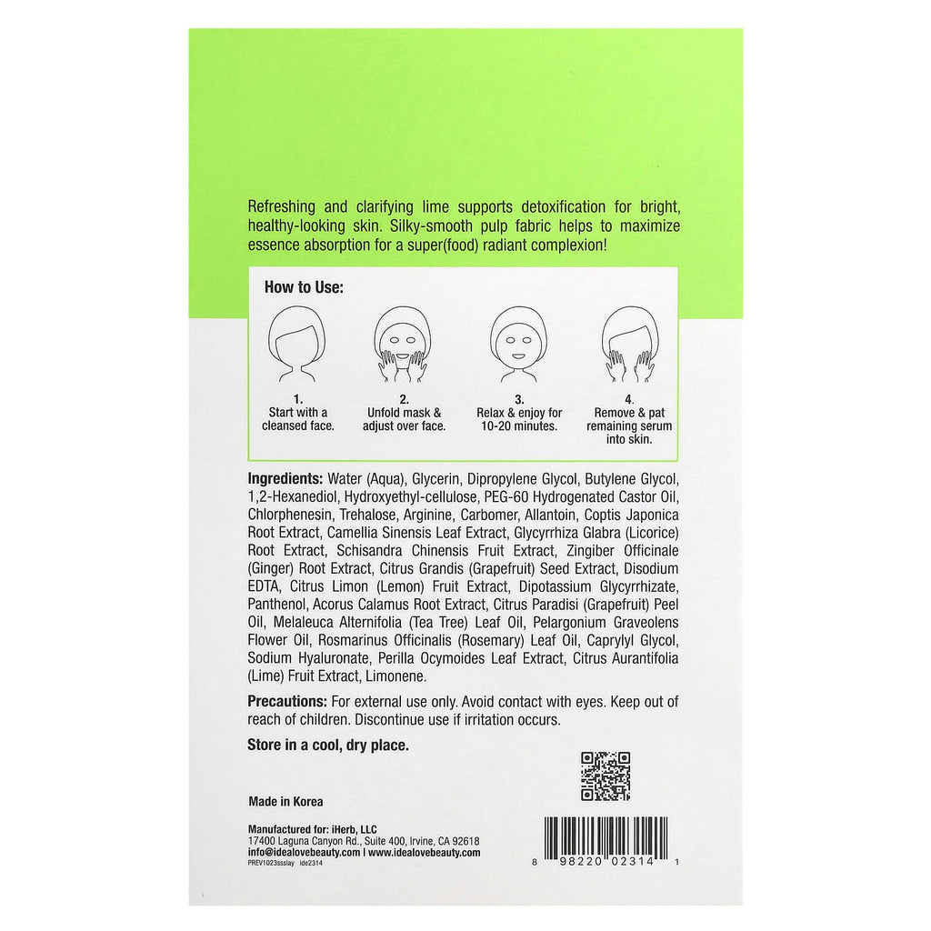 Idealove, Superfood Skin Savior, Lime All Yours, 5 Beauty Sheet Masks, 0.68 fl oz (20 ml) Each