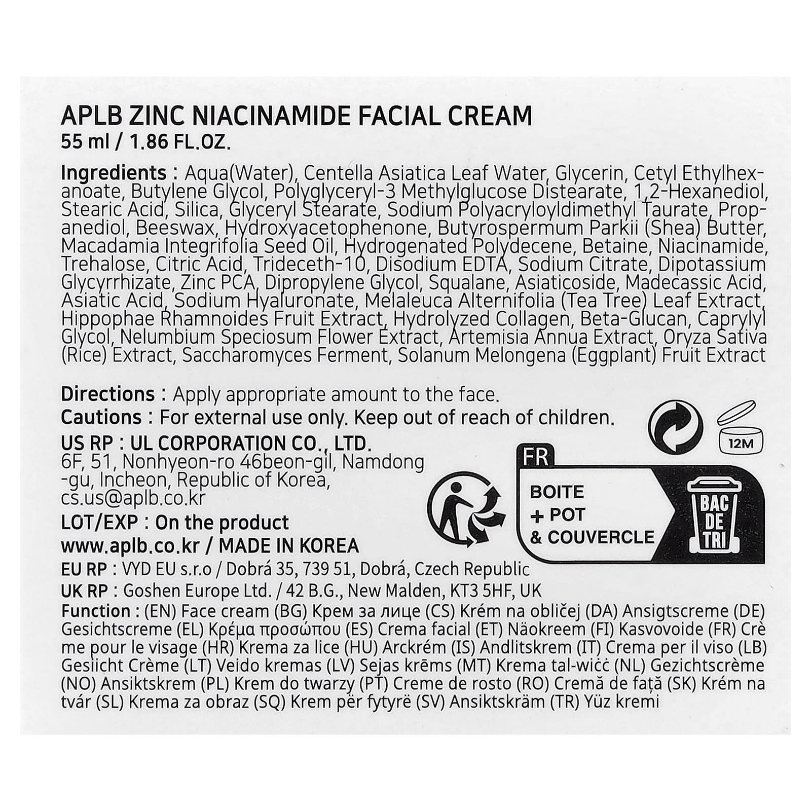 APLB, Zinc Niacinamide Facial Cream, 1.86 fl oz (55 ml)