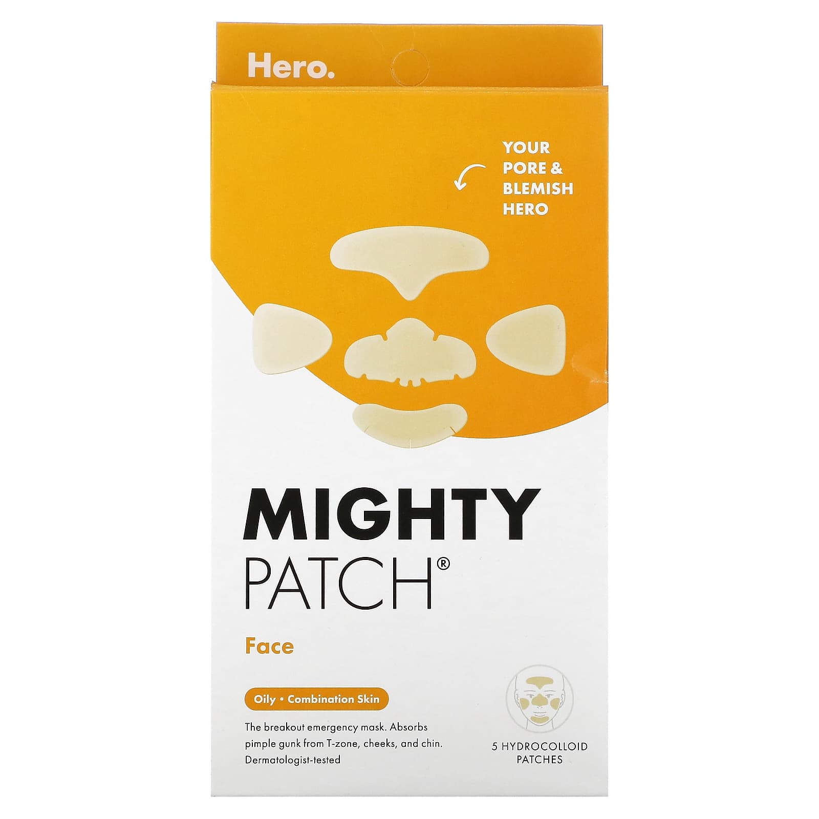 Hero Cosmetics, Mighty Patch® Face, Oily, Combination Skin, 5 Hydrocolloid Patches