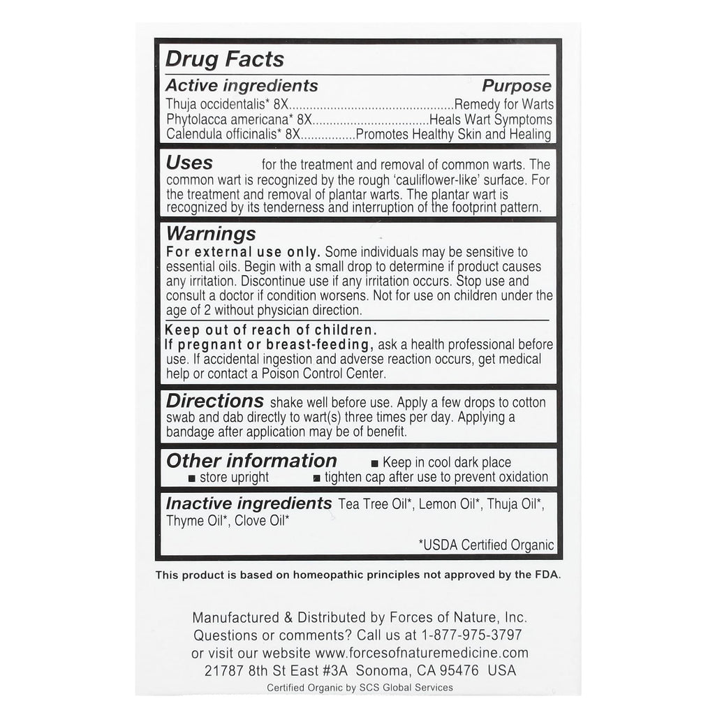 Forces of Nature, Wart Remover, Organic Plant Medicine, 0.37 fl oz (11 ml)