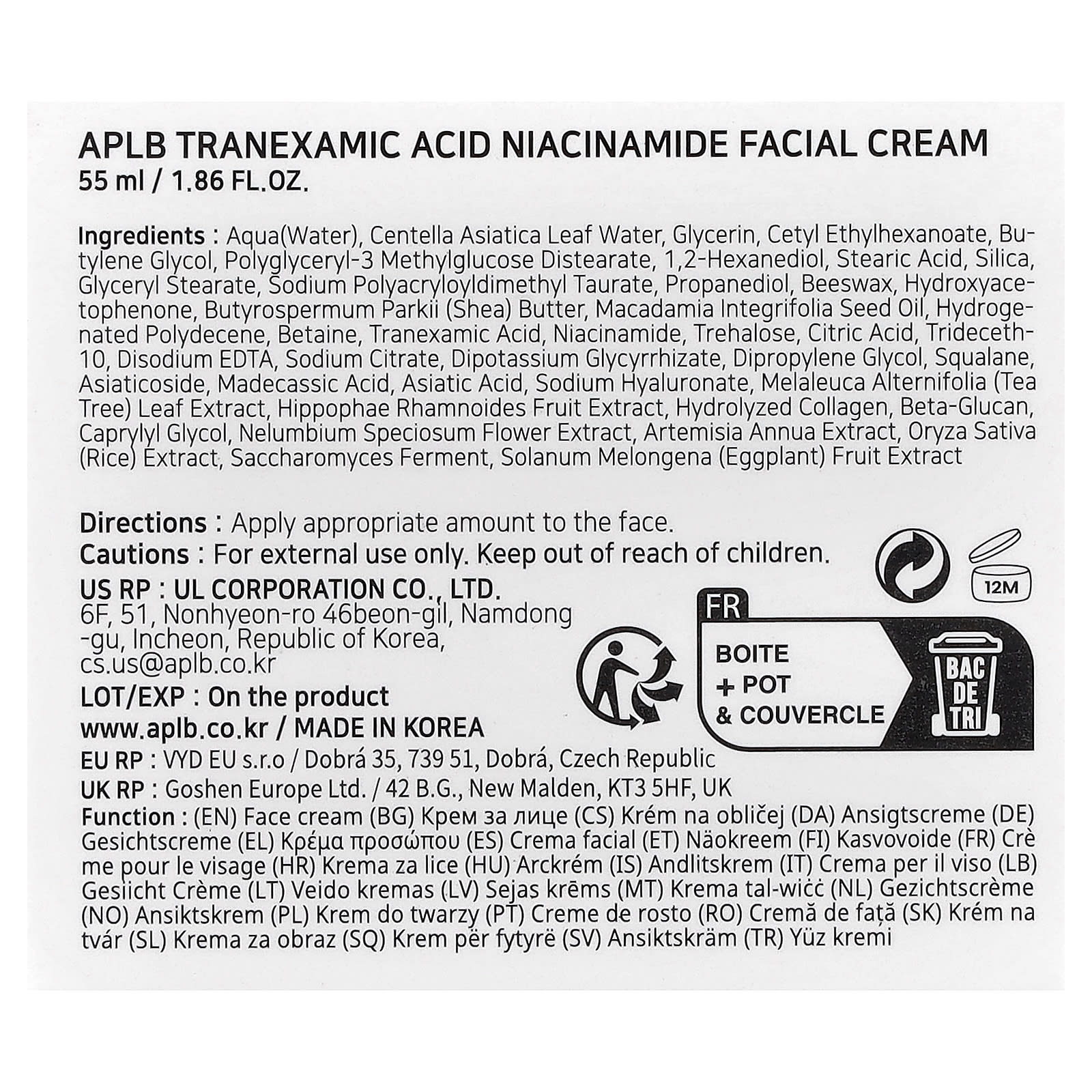 APLB, Tranexamic Acid Niacinamide Facial Cream , 1.86 fl oz (55 ml)