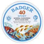 Badger, Sport, Mineral Sunscreen with Clear Zinc, SPF 40, Unscented, 2.4 oz (68 g)