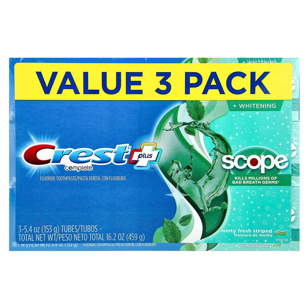 Crest, Complete Plus™, Scope® + Whitening, Fluoride Toothpaste, Minty Fresh Striped , 3 Pack, 5.4 oz (153 g) Each