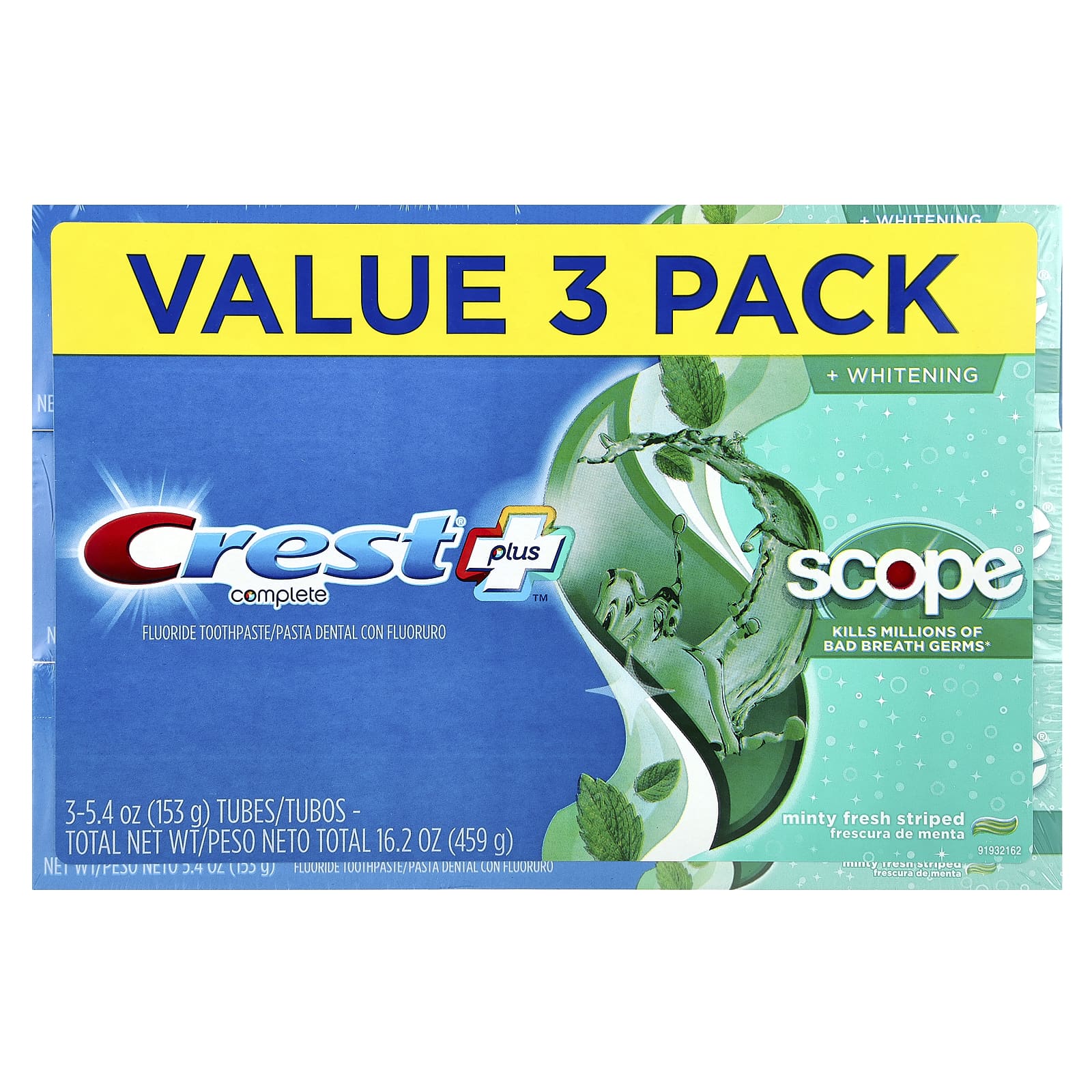 Crest, Complete Plus™, Scope® + Whitening, Fluoride Toothpaste, Minty Fresh Striped , 3 Pack, 5.4 oz (153 g) Each