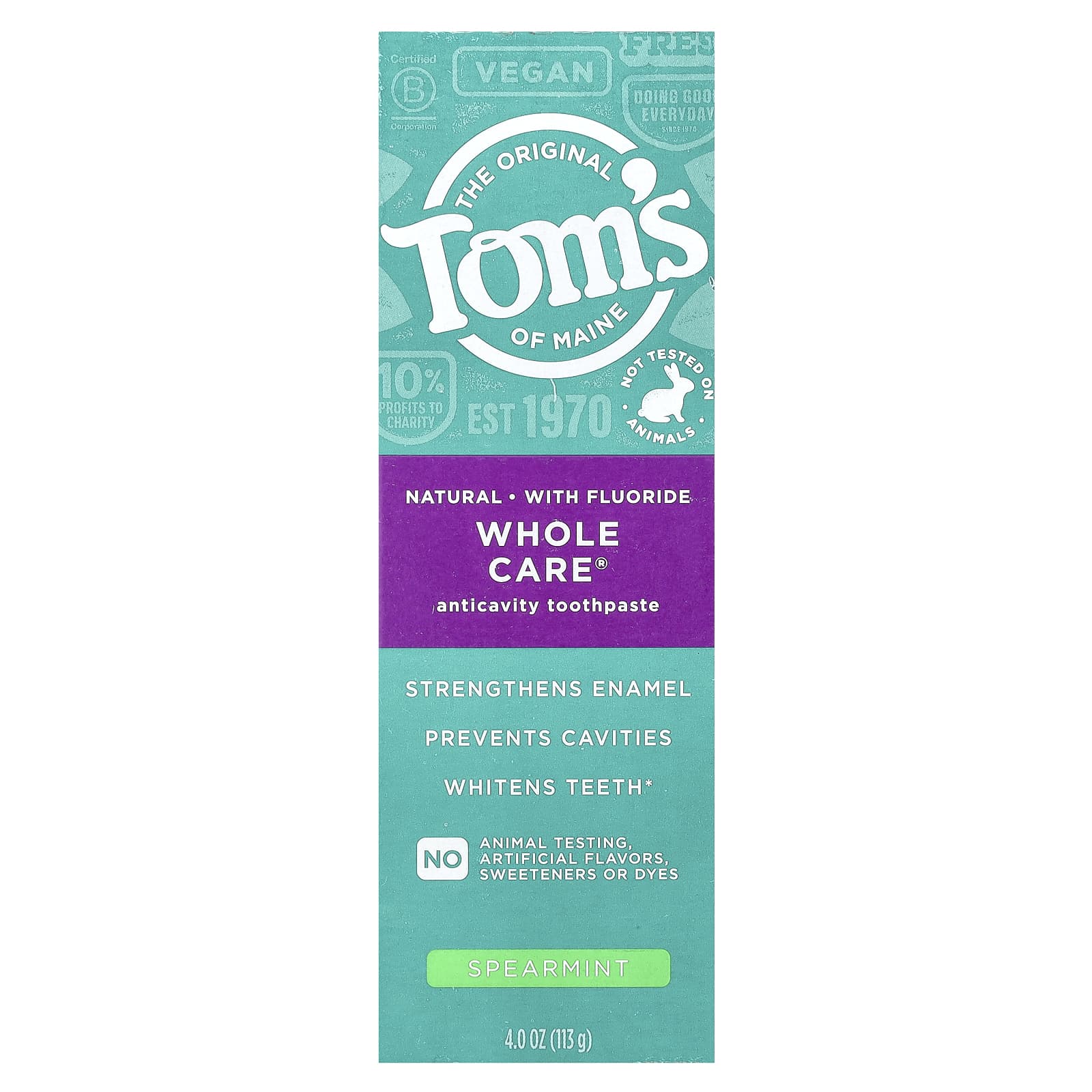 Tom's of Maine, Whole Care®, Natural Anticavity Toothpaste with Fluoride, Spearmint, 4 oz (113 g)