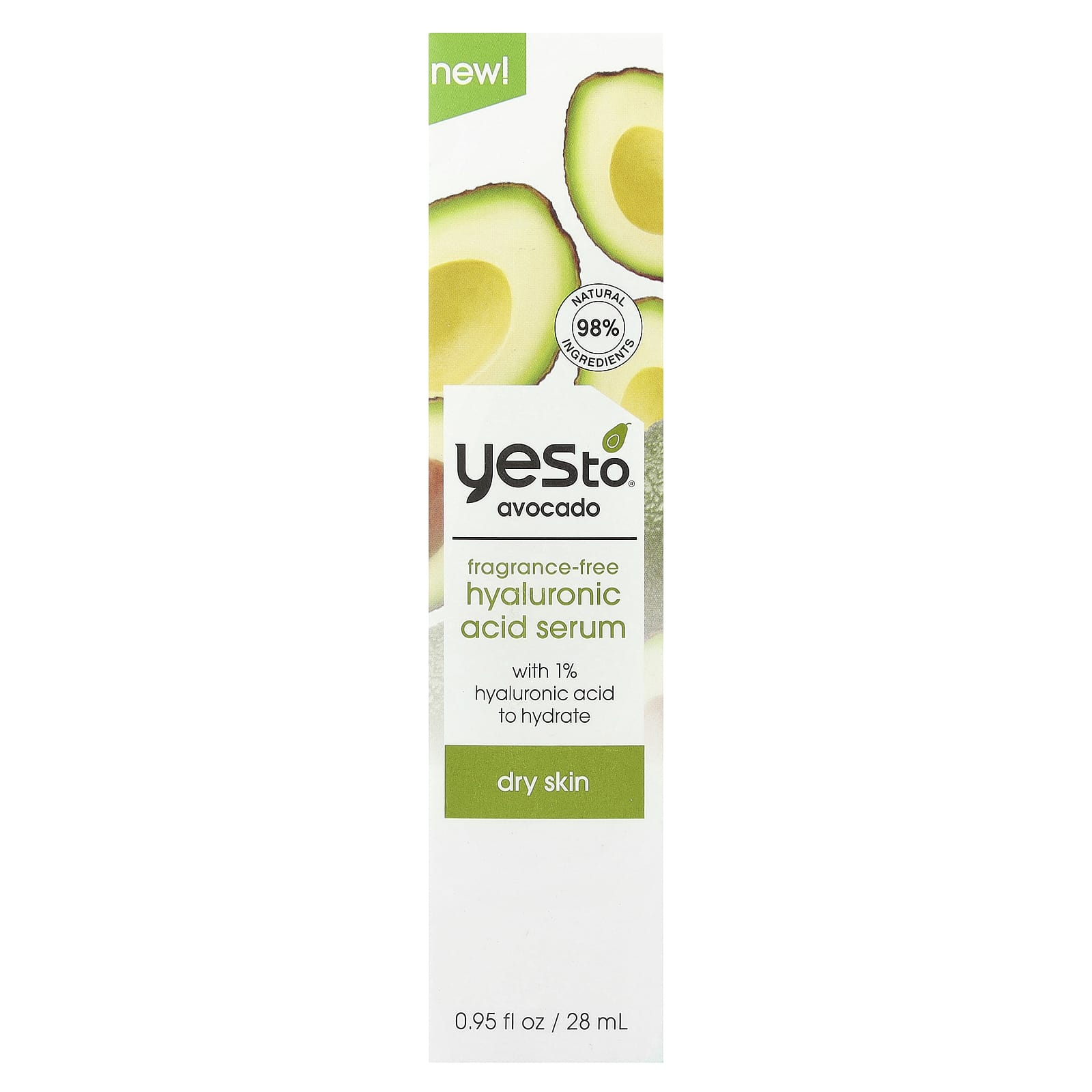 Yes To, Fragrance Free Hyaluronic Acid Serum, Dry Skin, Avocado, 0.95 fl oz (28 ml)