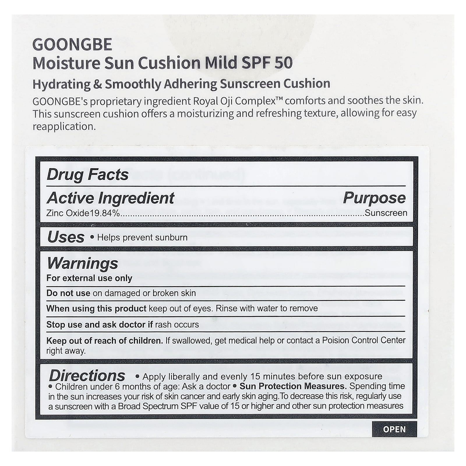 Goongbe, Moisture Sun Cushion Sunscreen, Mild, SPF 50, 0.49 oz (14 g)