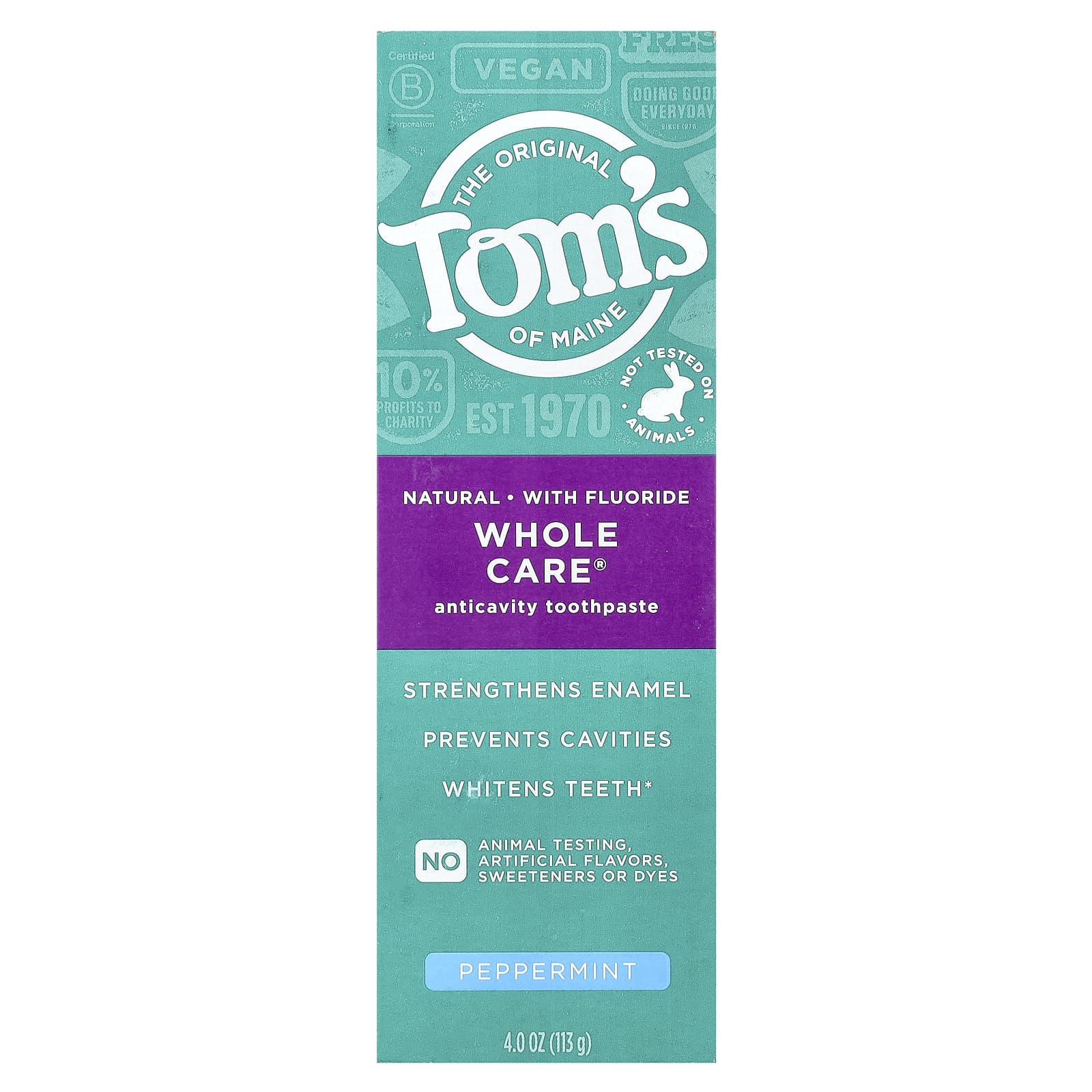 Tom's of Maine, Whole Care®, Natural Anticavity Toothpaste with Fluoride, Peppermint, 4 oz (113 g)