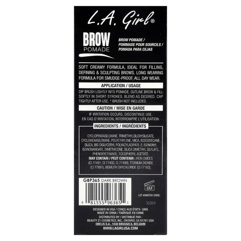 L.A. Girl, Brow Pomade, GBP365 Dark Brown, 0.11 oz (3 g)