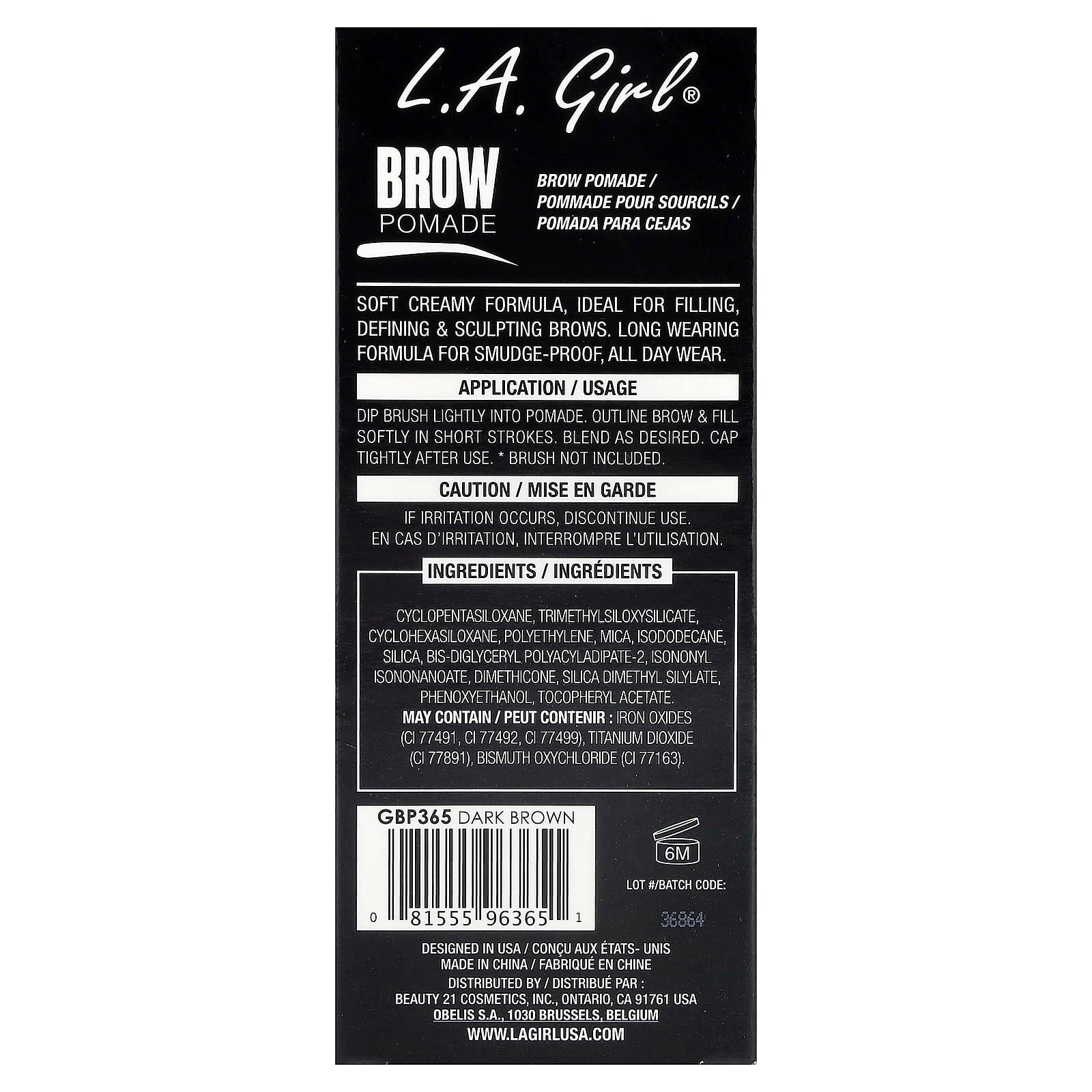 L.A. Girl, Brow Pomade, GBP365 Dark Brown, 0.11 oz (3 g)