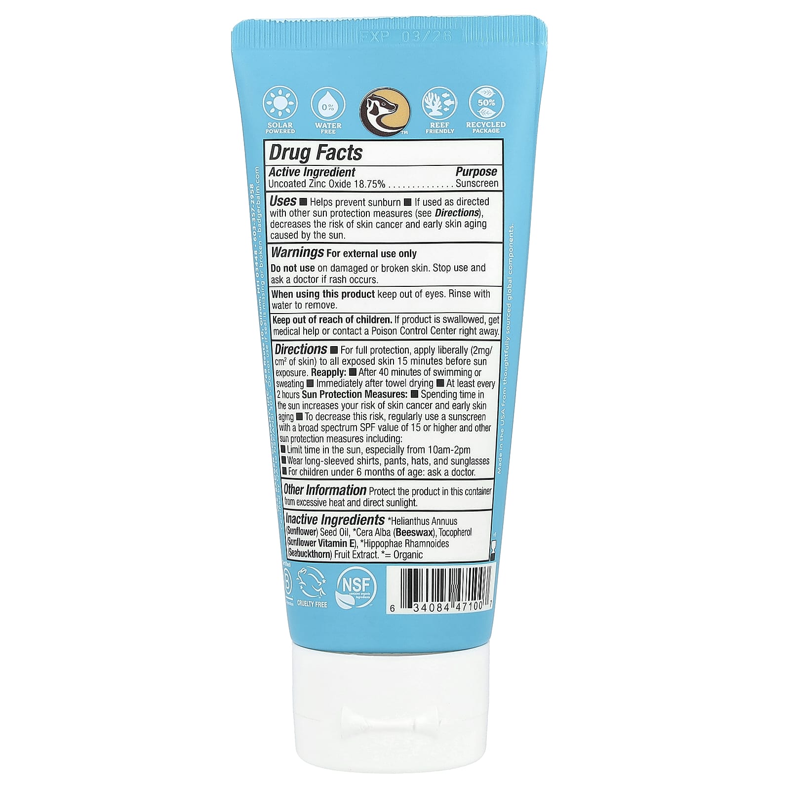 Badger, Active, Mineral Sunscreen Cream, SPF 30, Unscented, 2.9 fl oz (87 ml)