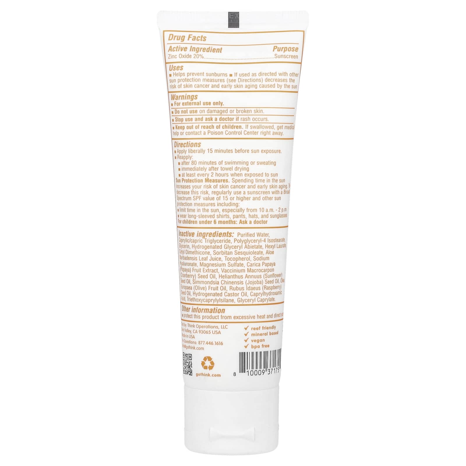think, Thinkbaby, Clear Zinc 20% Sunscreen, SPF 30, Fragrance-Free, 3 fl oz (89 ml)