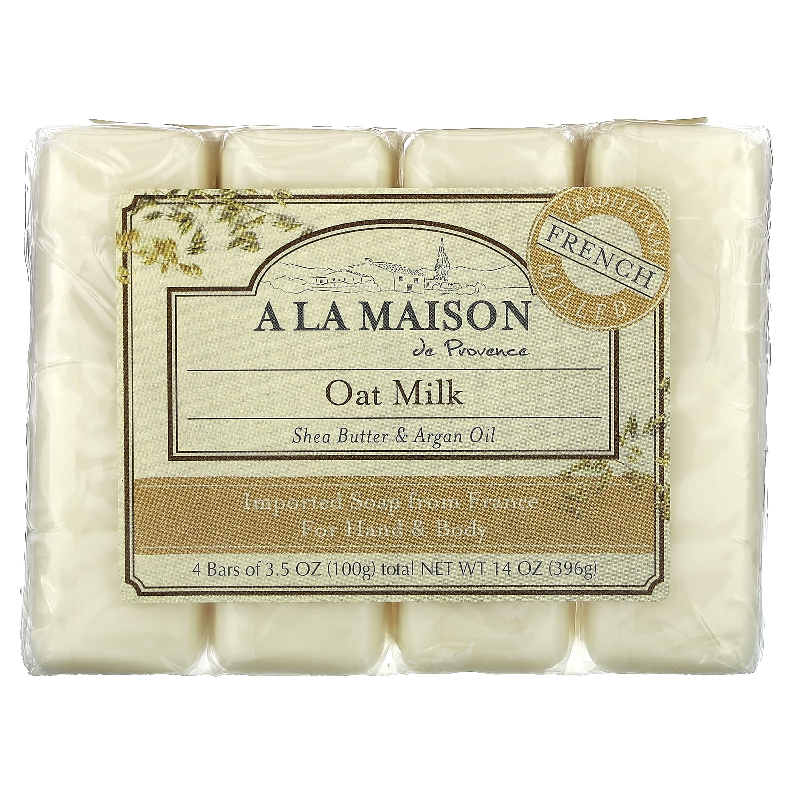 A La Maison de Provence, Hand & Body Bar Soap, Oat Milk, 4 Bars, 3.5 oz (100 g) Each