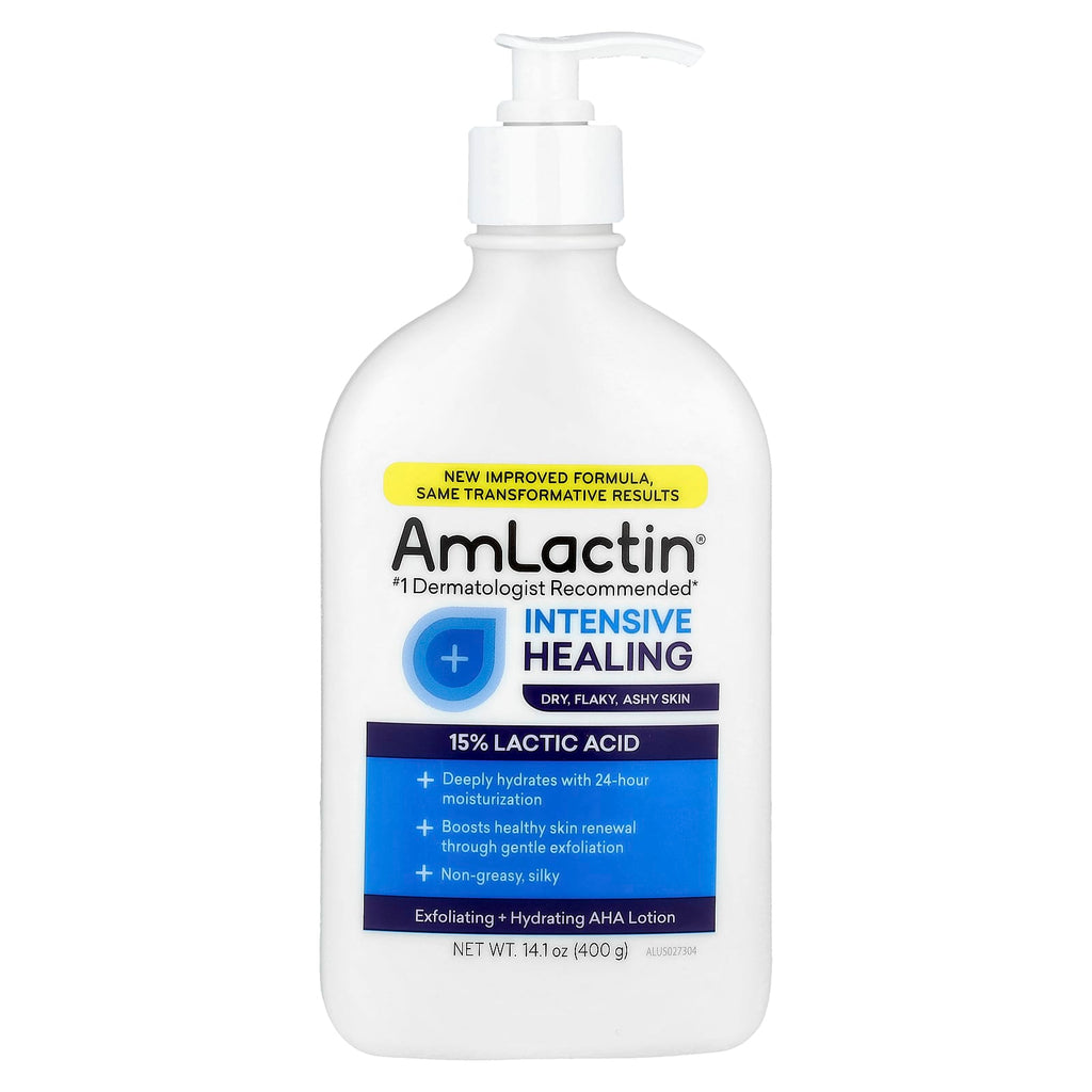AmLactin, Intensive Healing, Exfoliating & Hydrating AHA Lotion, Dry, Flaky, Ashy Skin, Fragrance Free, 14.1 oz (400 g)