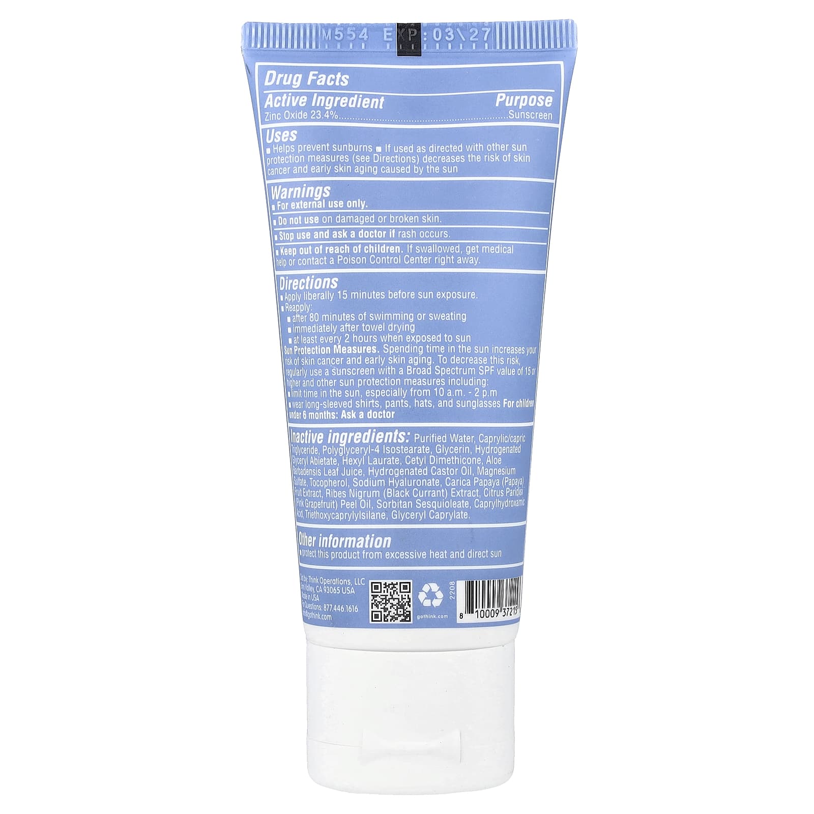 think, Thinksport®, Face Clear Zinc 23.4% Sunscreen, SPF 50, 2 fl oz (59 ml)