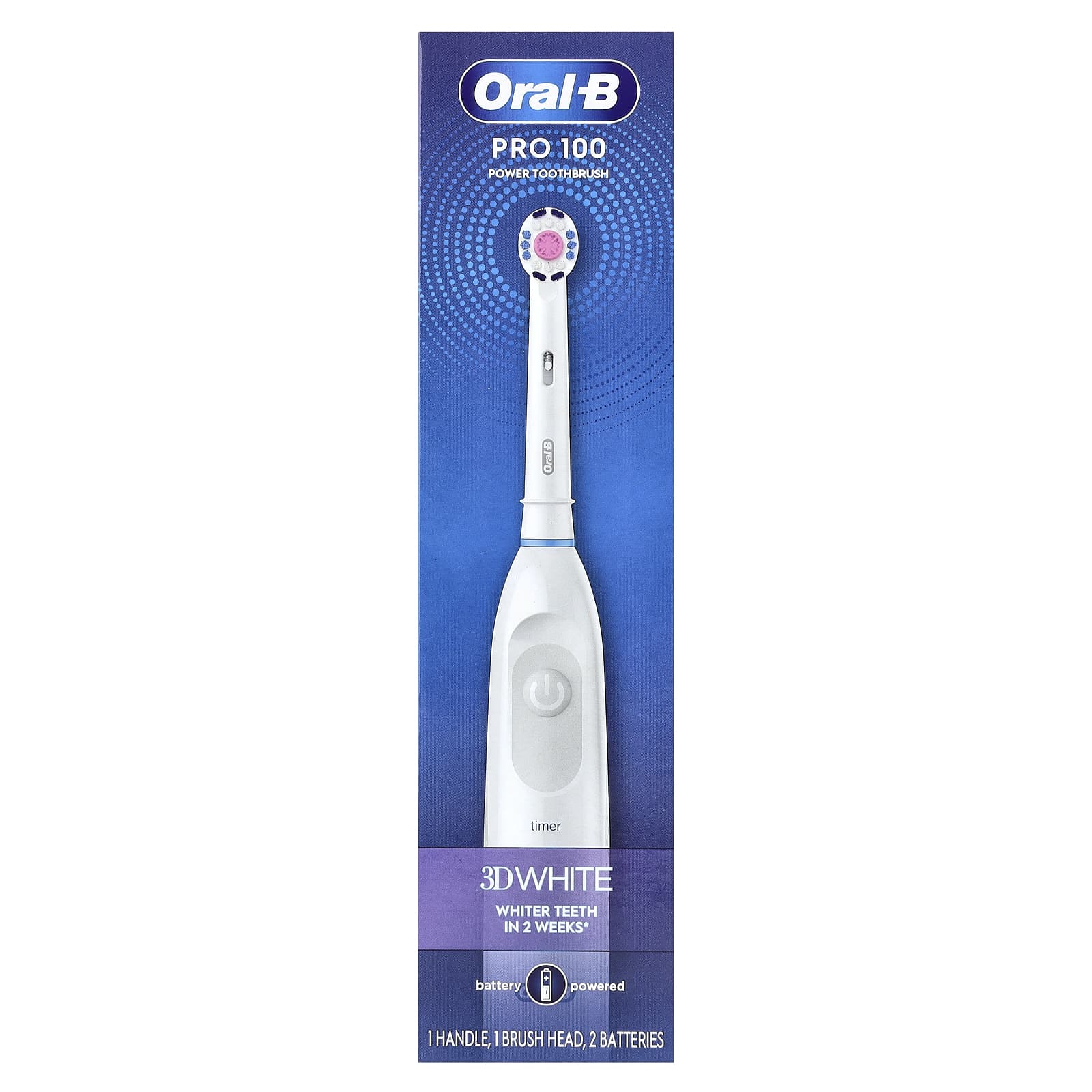Oral-B, 3D White, Pro 100, Battery Powered Toothbrush, White, 1 Toothbrush