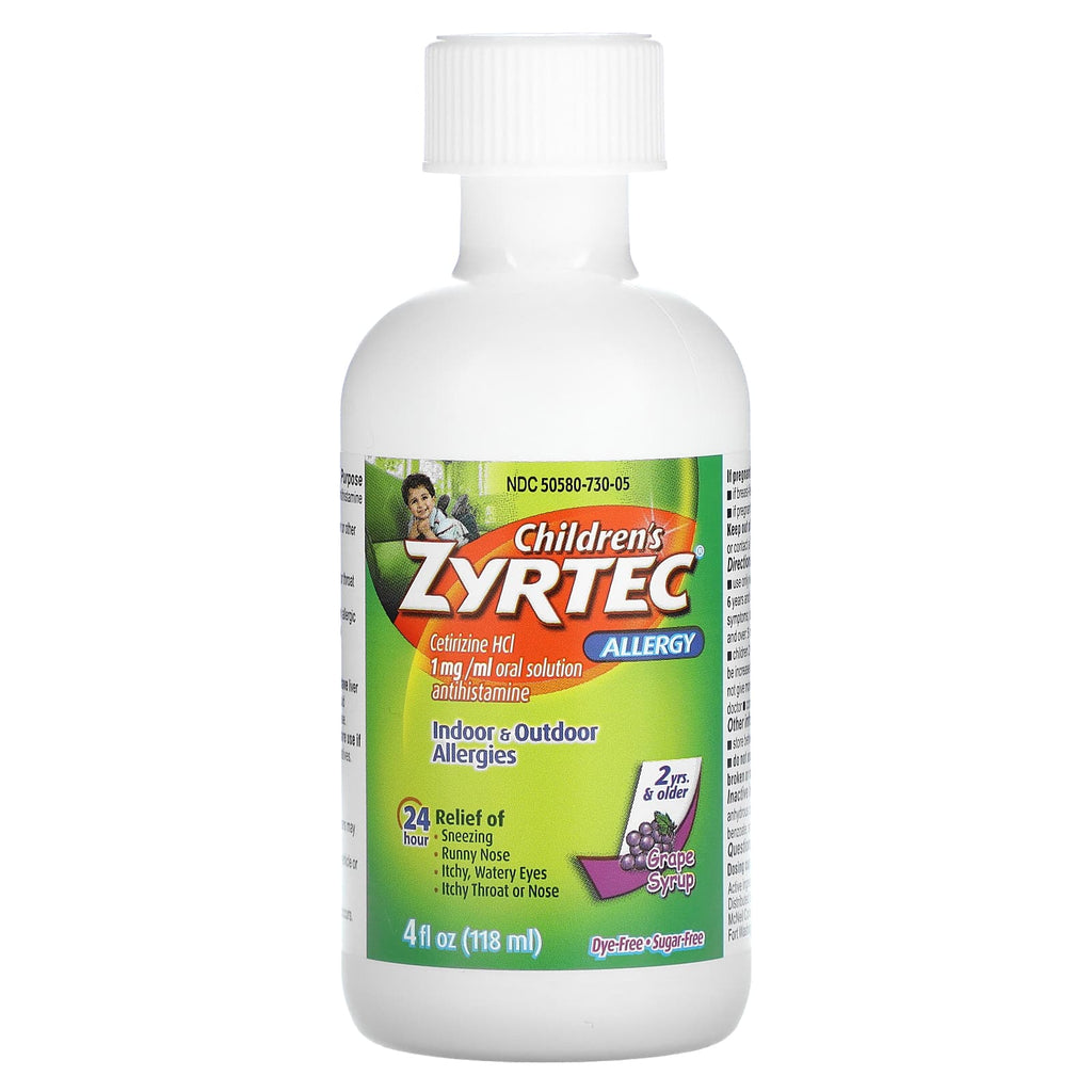 Zyrtec, Children's Allergy, Relief Syrup, 2+ Years, Grape, 5 mg, 4 fl oz (118 ml)