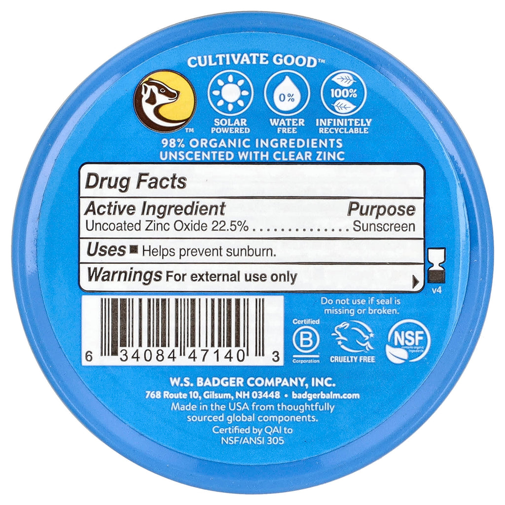 Badger, Sport, Mineral Sunscreen with Clear Zinc, SPF 40, Unscented, 2.4 oz (68 g)