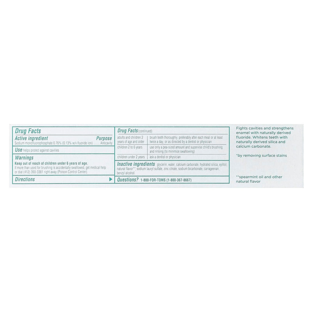 Tom's of Maine, Whole Care®, Natural Anticavity Toothpaste with Fluoride, Spearmint, 4 oz (113 g)