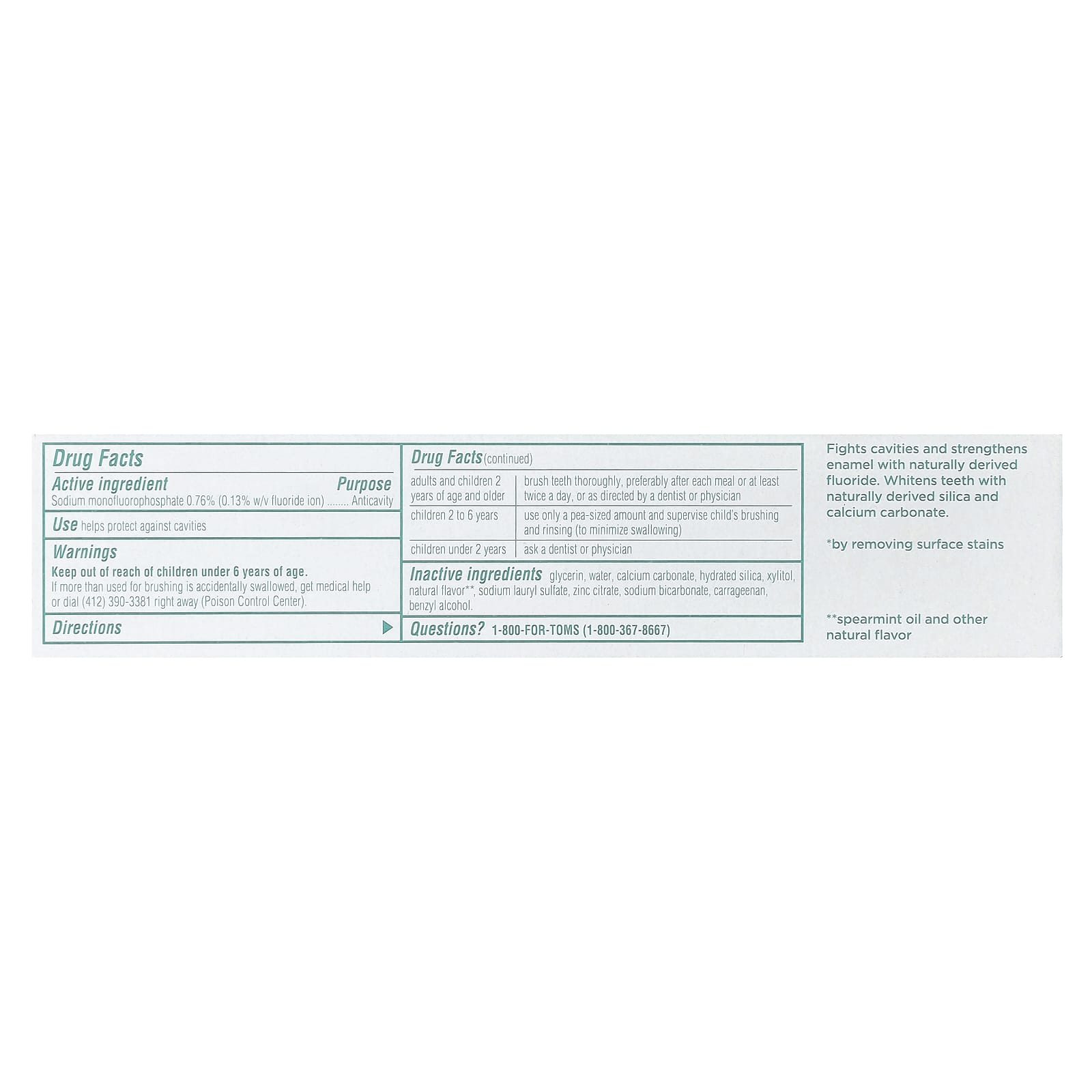 Tom's of Maine, Whole Care®, Natural Anticavity Toothpaste with Fluoride, Spearmint, 4 oz (113 g)