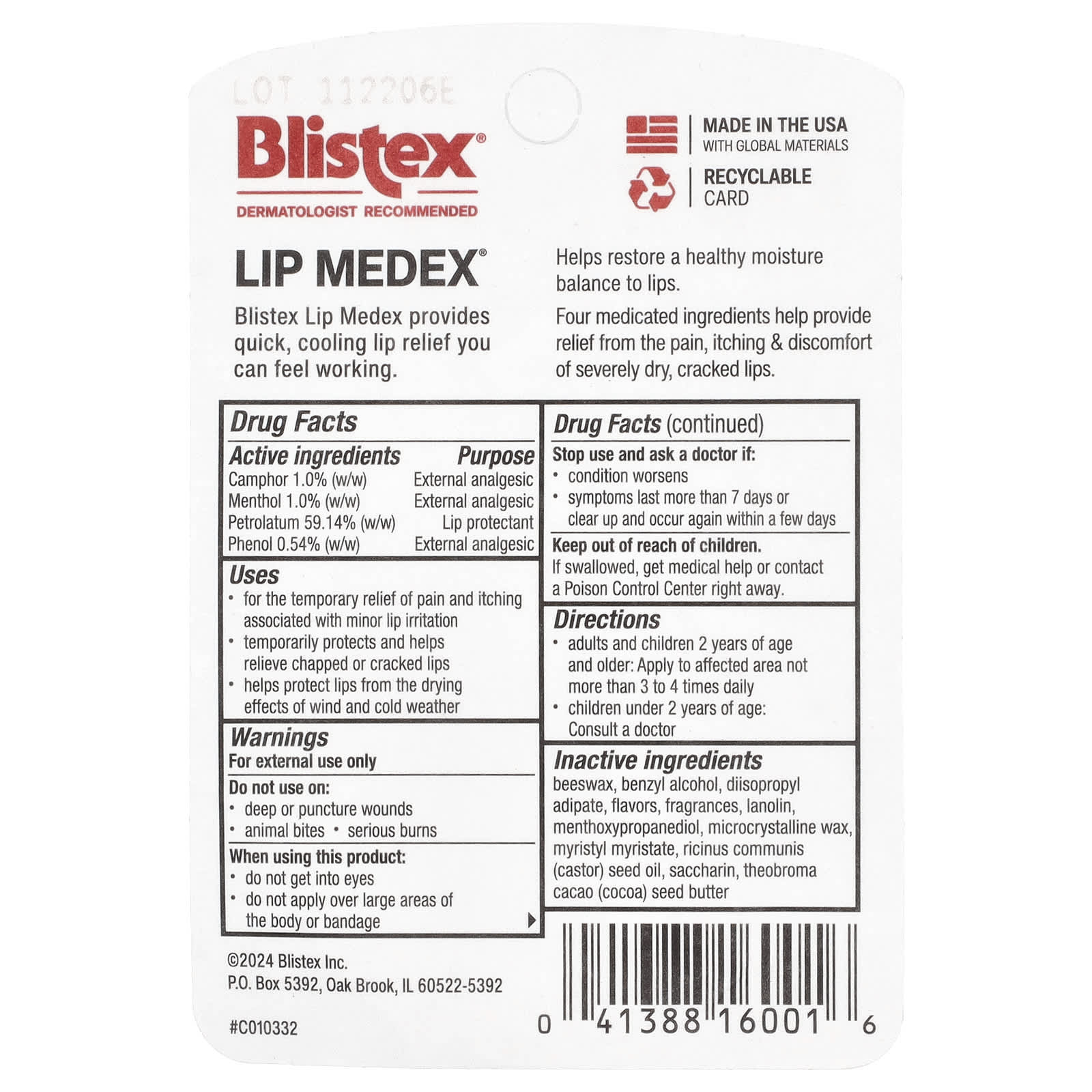 Blistex, Lip Medex®, Lip Protectant/External Analgesic , 0.38 oz (10.75 g)