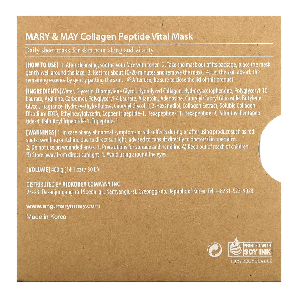 Mary & May, Collagen Peptide, Vital Beauty Mask, 30 Sheets