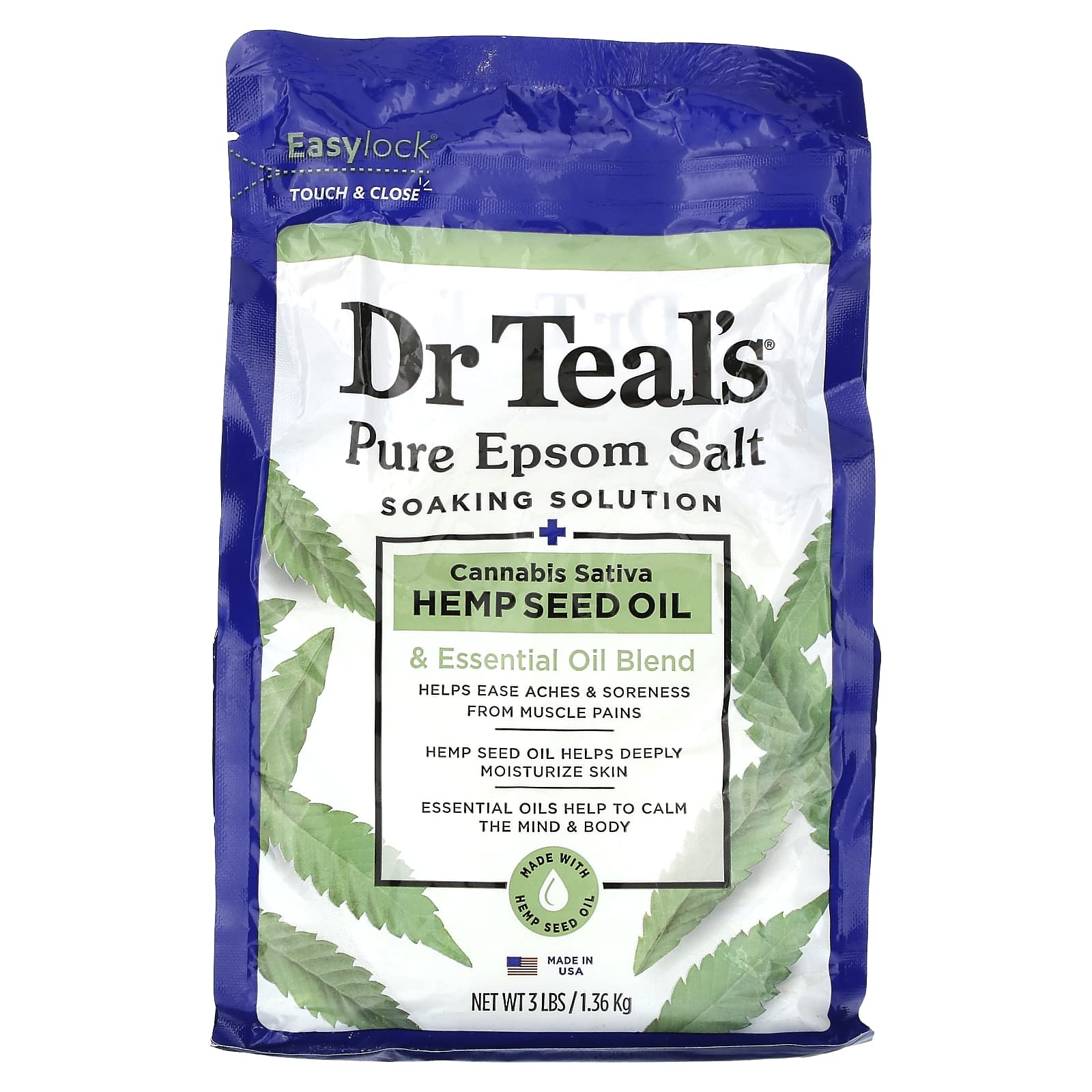 Dr. Teal's, Pure Epsom Salt, Soaking Solution, Cannabis Sativa Hemp Seed Oil, 3 lbs (1.36 kg)