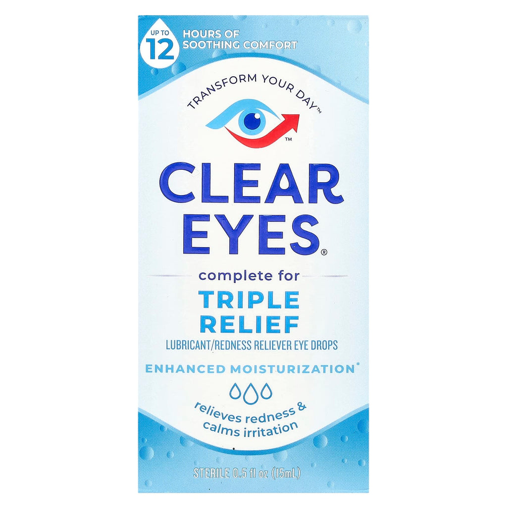 Clear Eyes, Triple Relief, Lubricant/Redness Reliever Eye Drops, 0.5 fl oz (15 ml)