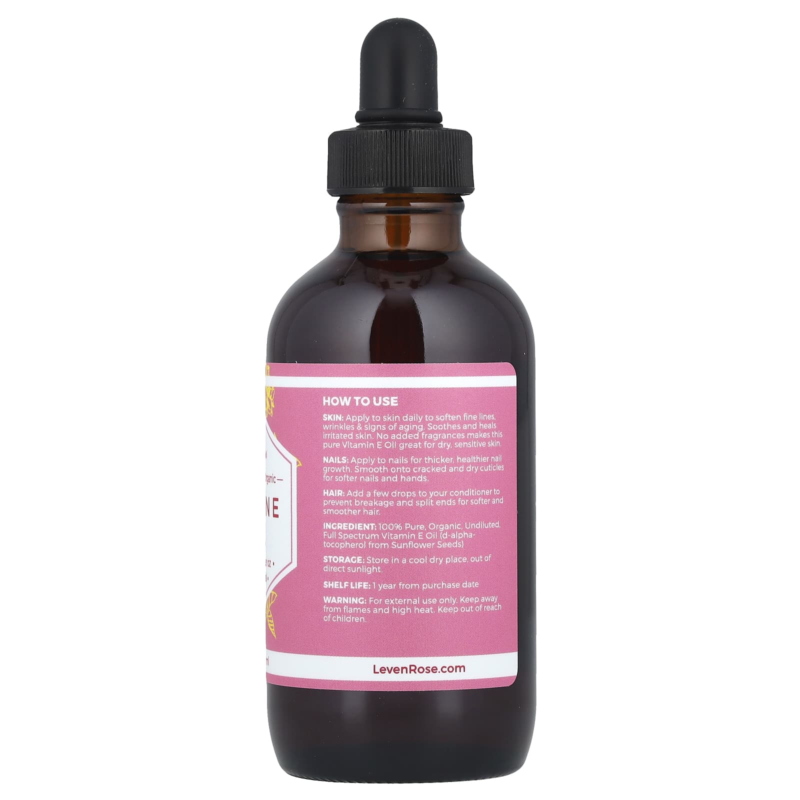 Leven Rose, 100% Pure & Organic Vitamin E Oil, 4 fl oz (118 ml)
