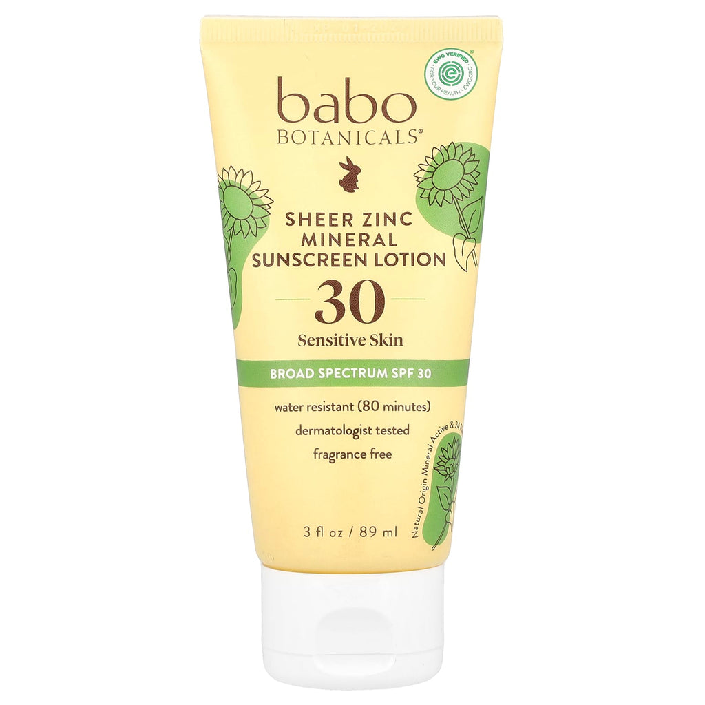 Babo Botanicals, Sheer Zinc Mineral Sunscreen Lotion, Sensitive Skin, SPF 30, Fragrance Free, 3 fl oz (89 ml)