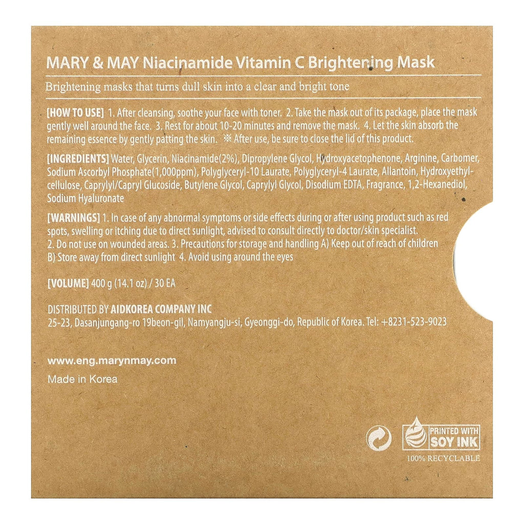 Mary & May, Niacinamide Vitamin C, Brightening Beauty Mask, 30 Sheets, 14.1 oz (400 g)