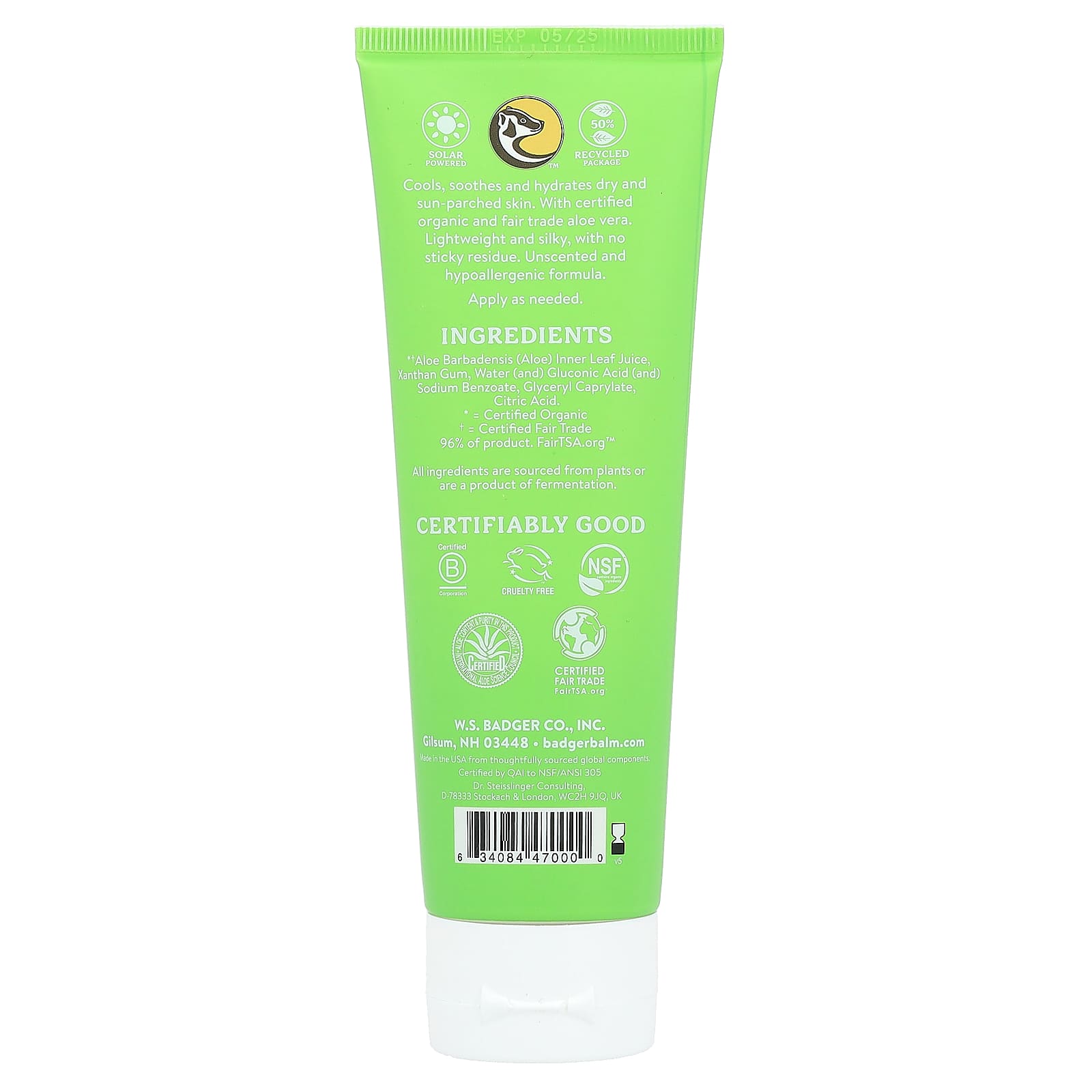 Badger, Aloe Vera, After Sun Gel, Unscented, 4 fl oz (118 ml)