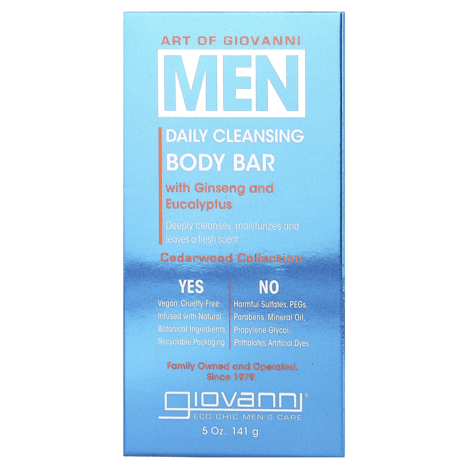 Giovanni, Art Of Giovanni, Men, Daily Cleansing Body Bar with Ginseng and Eucalyptus, 5 oz (141 g)